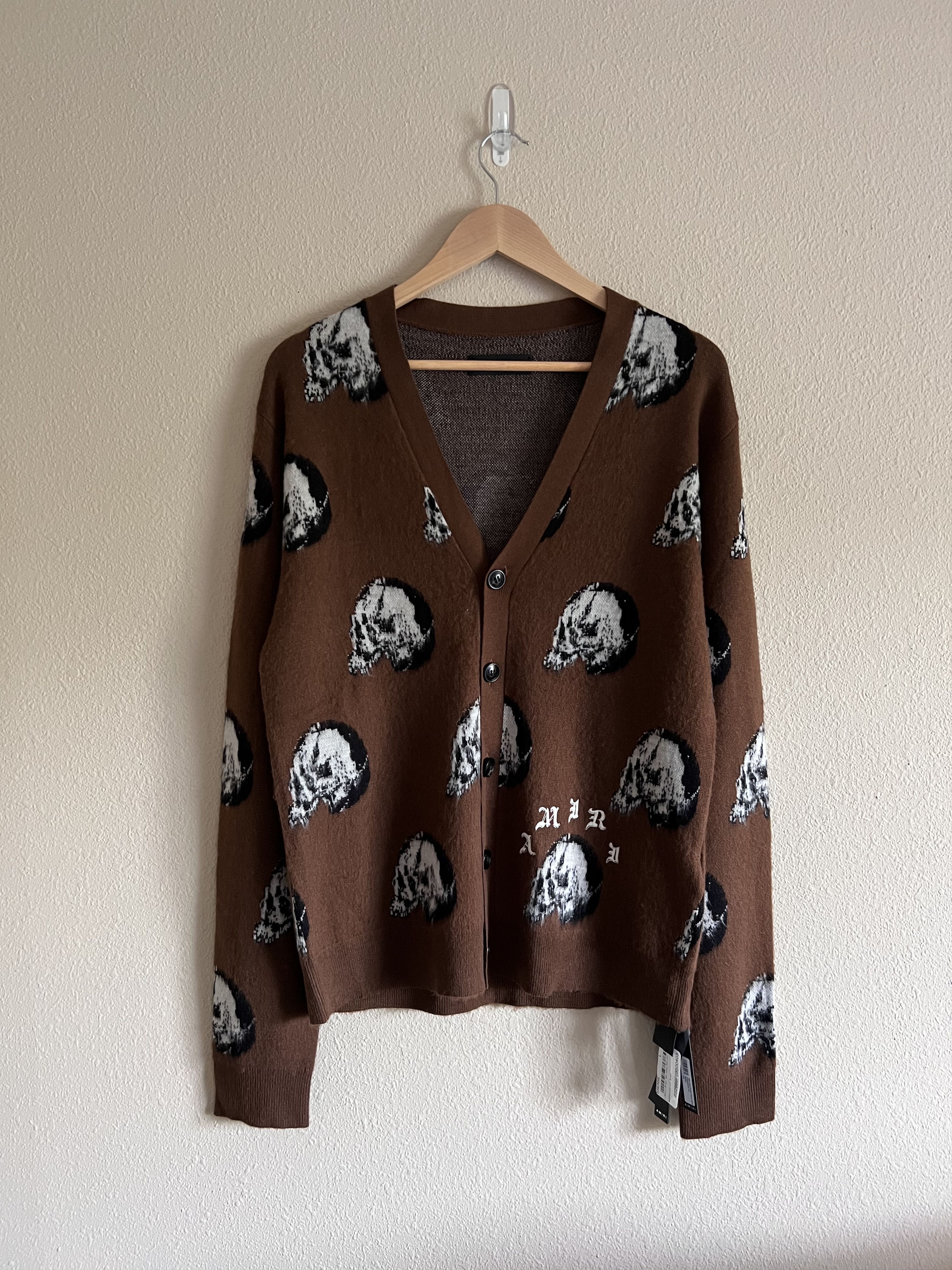 Amiri Wes Lang Repeat Skull Cardigan in Brown