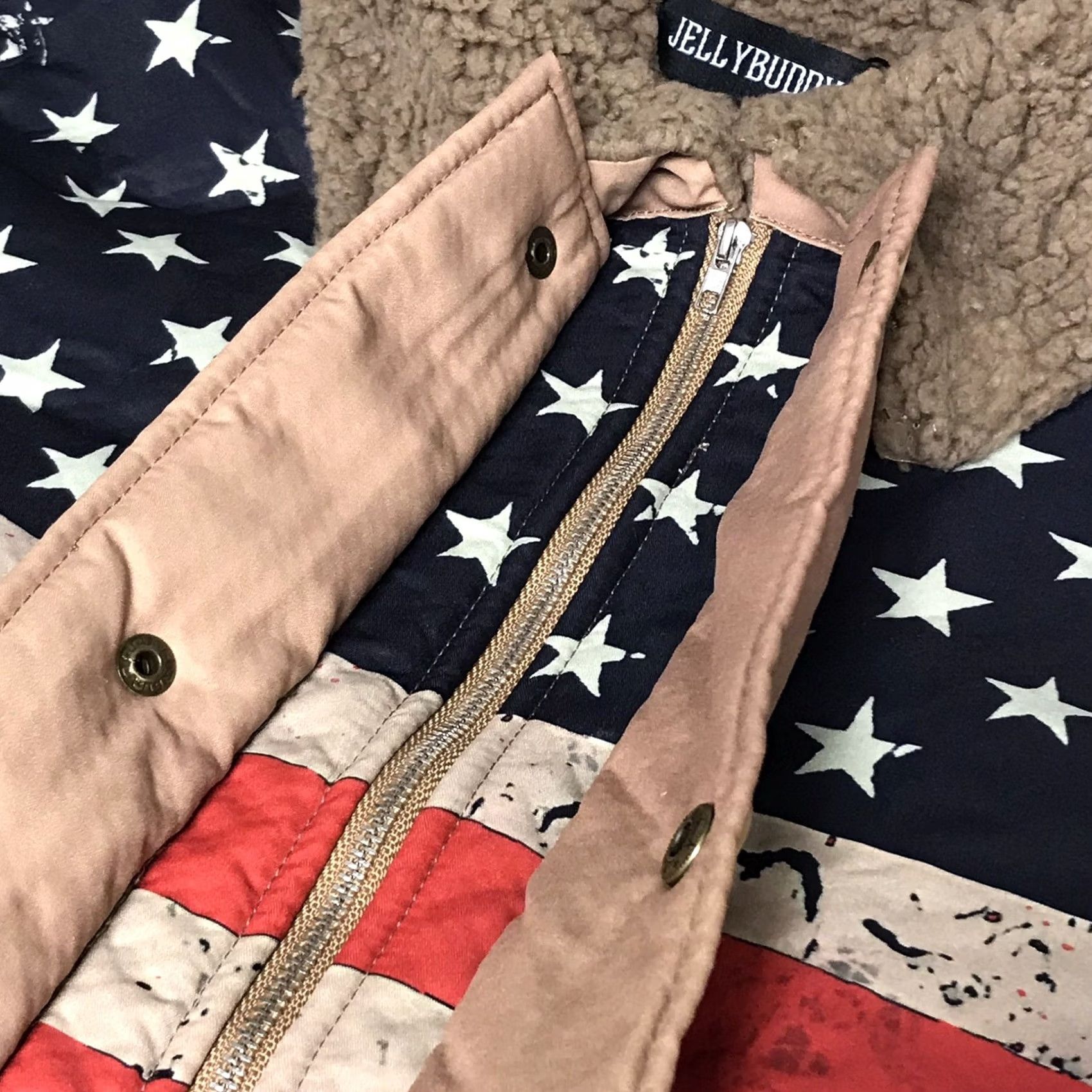Vintage Jellybuddy Mens Jacket Khaki Distressed American Flag Print Sherpa-Lined Full Zip Overcoat L Size US L / EU 52-54 / 3 - 4 Thumbnail