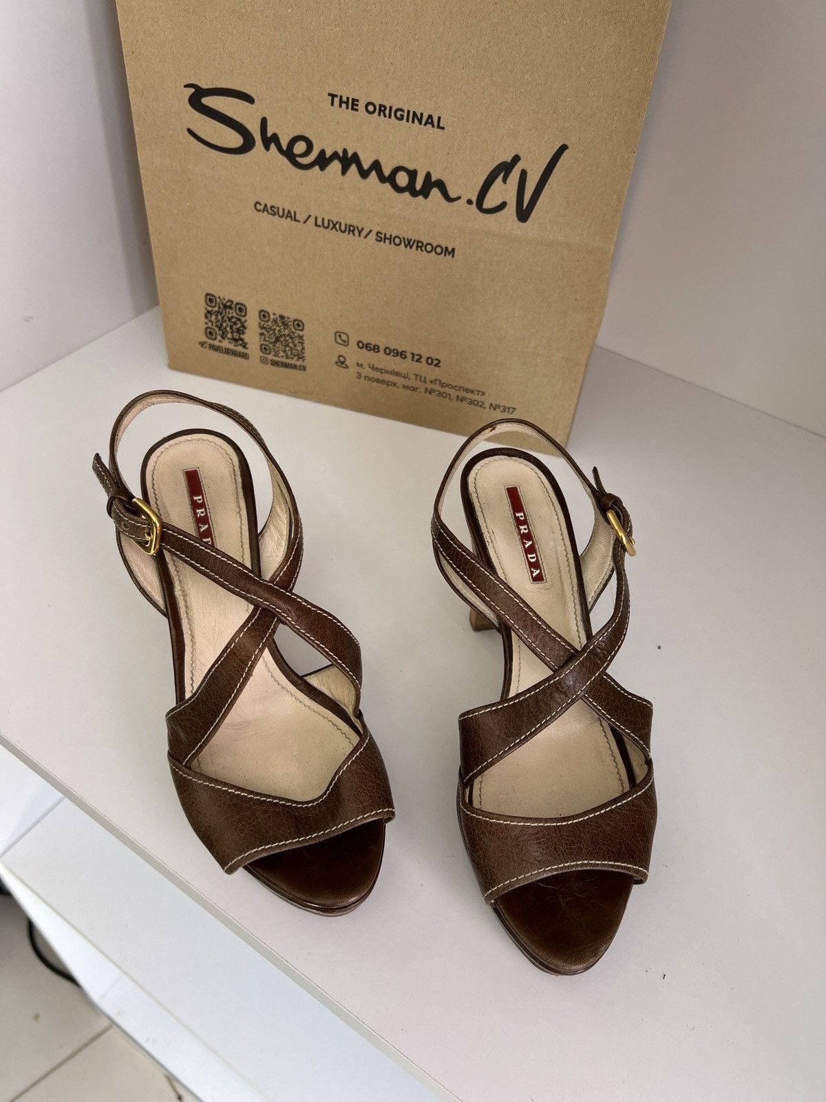 Prada × Vintage Vintage PRADA BROWN LEATHER STRAPPY PLATFORM HEELS SANDALS Size US 7 / IT 37 - 5 Thumbnail