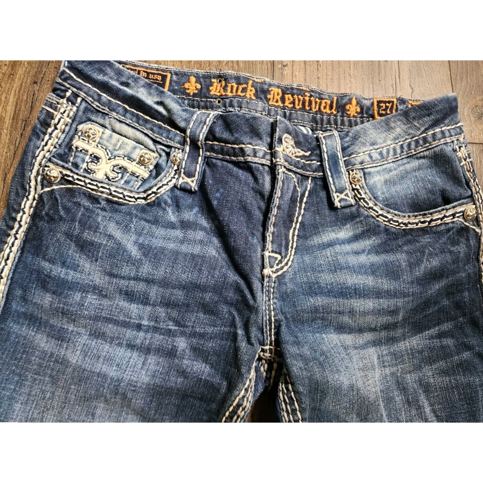 Vintage Rock Revival Kai Crop Jeans Womens 27 Blue Distressed Straight Leg Buckle Exclusive Size 27" / US 4 / IT 40 - 7 Thumbnail