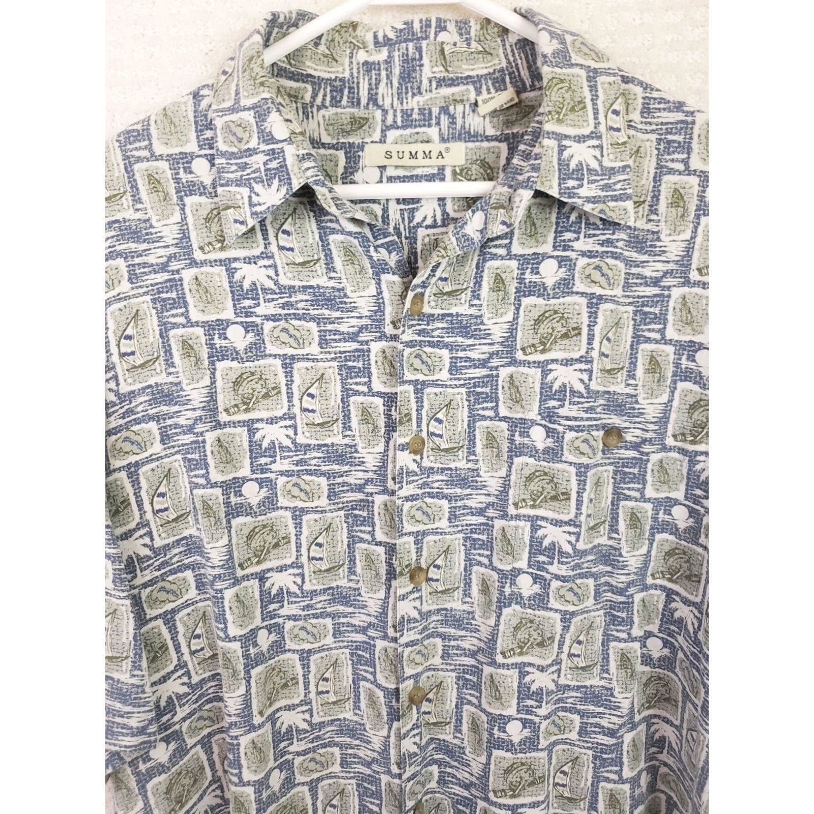 Vintage VINTAGE Summa Silk Shirt Mens L Lightweight Button-Up Short Sleeve Geometric Print Green Blue Collared Pockets Size US L / EU 52-54 / 3 - 2 Thumbnail