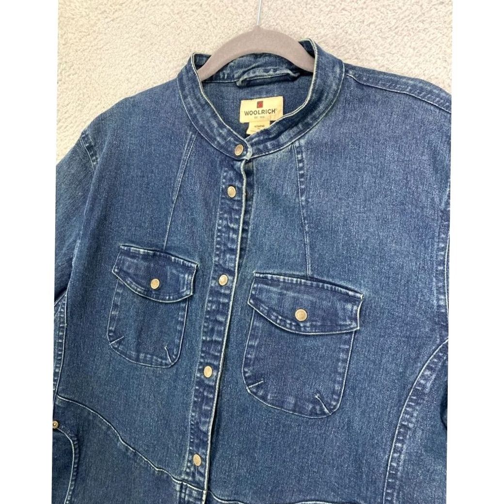 Vintage Woolrich Jean Jacket Womens XL Blue Stretch Snap Button Mandarin Collar Ladies Size 40" / US 18 - 6 Thumbnail