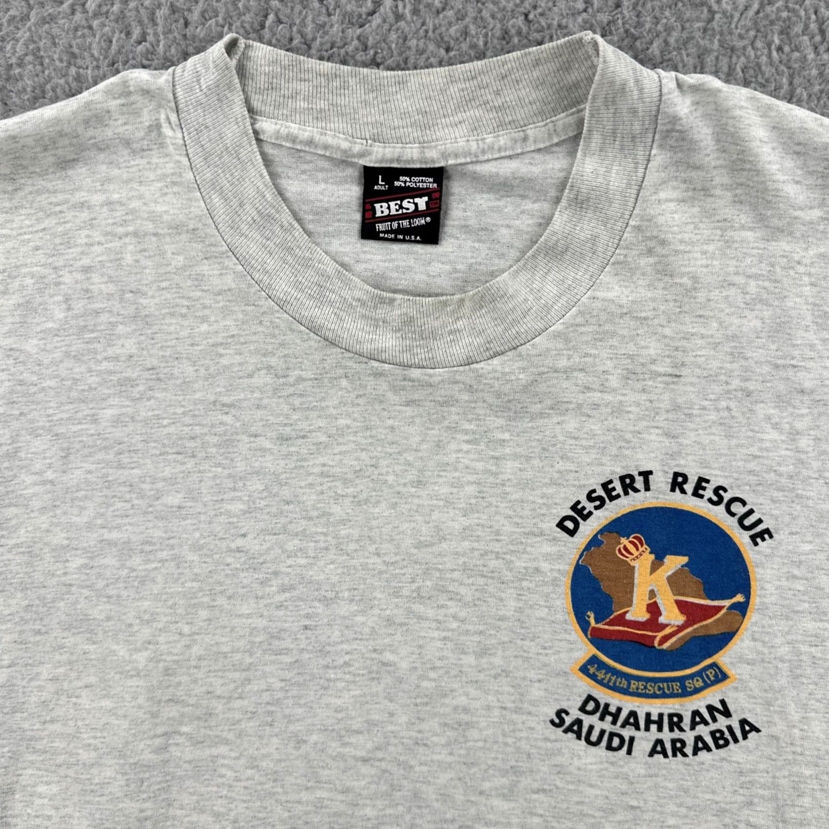 Fruit Of The Loom VINTAGE Fruit Of The Loom Shirt L Gray USA Made Desert Rescue Dhahran Saudi Arabia Mens 90s Army Patriotic Size US L / EU 52-54 / 3 - 6 Thumbnail