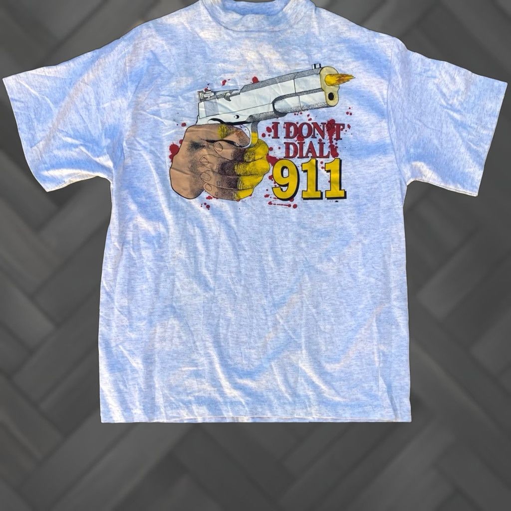 Vintage VINTAGE I Dont Dial 911 T Shirt Hand Gun Graphic Tee Warrior Inc Nashville Sz L Mens Gray Cotton Blend 1990s Graphic Print Short Sleeve Size US L / EU 52-54 / 3 - 1 Thumbnail