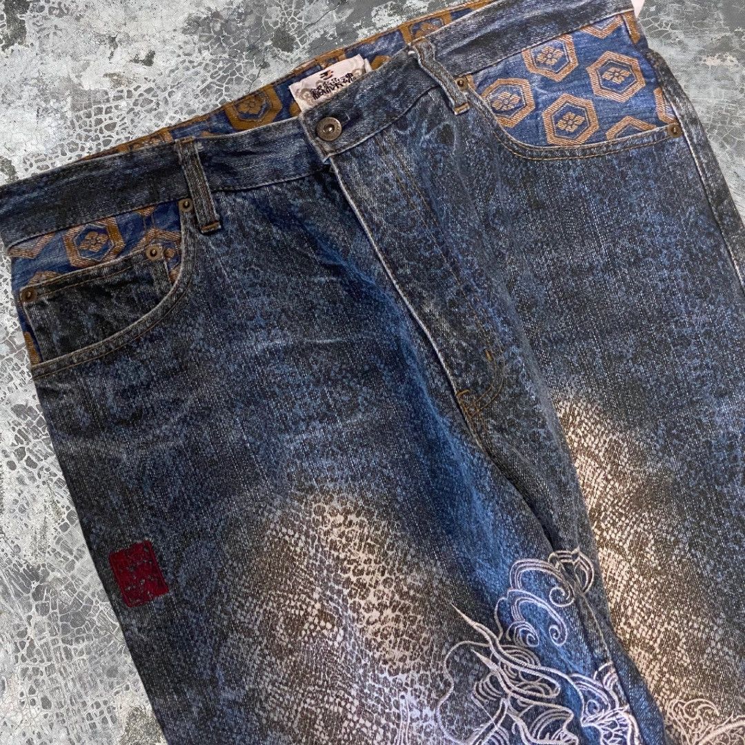 Japanese Brand Karakuri Tamashi Double Dragon Fight Embroidered Baggy Jeans Size US 34 / EU 50 - 3 Thumbnail