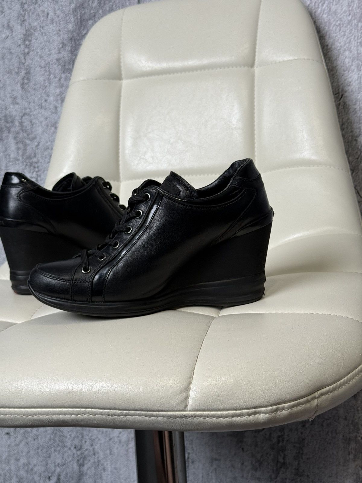 Prada PRADA Wedge Sneakers Black Leather Womens Platform Shoes Size US 6.5 / IT 36.5 - 13 Thumbnail