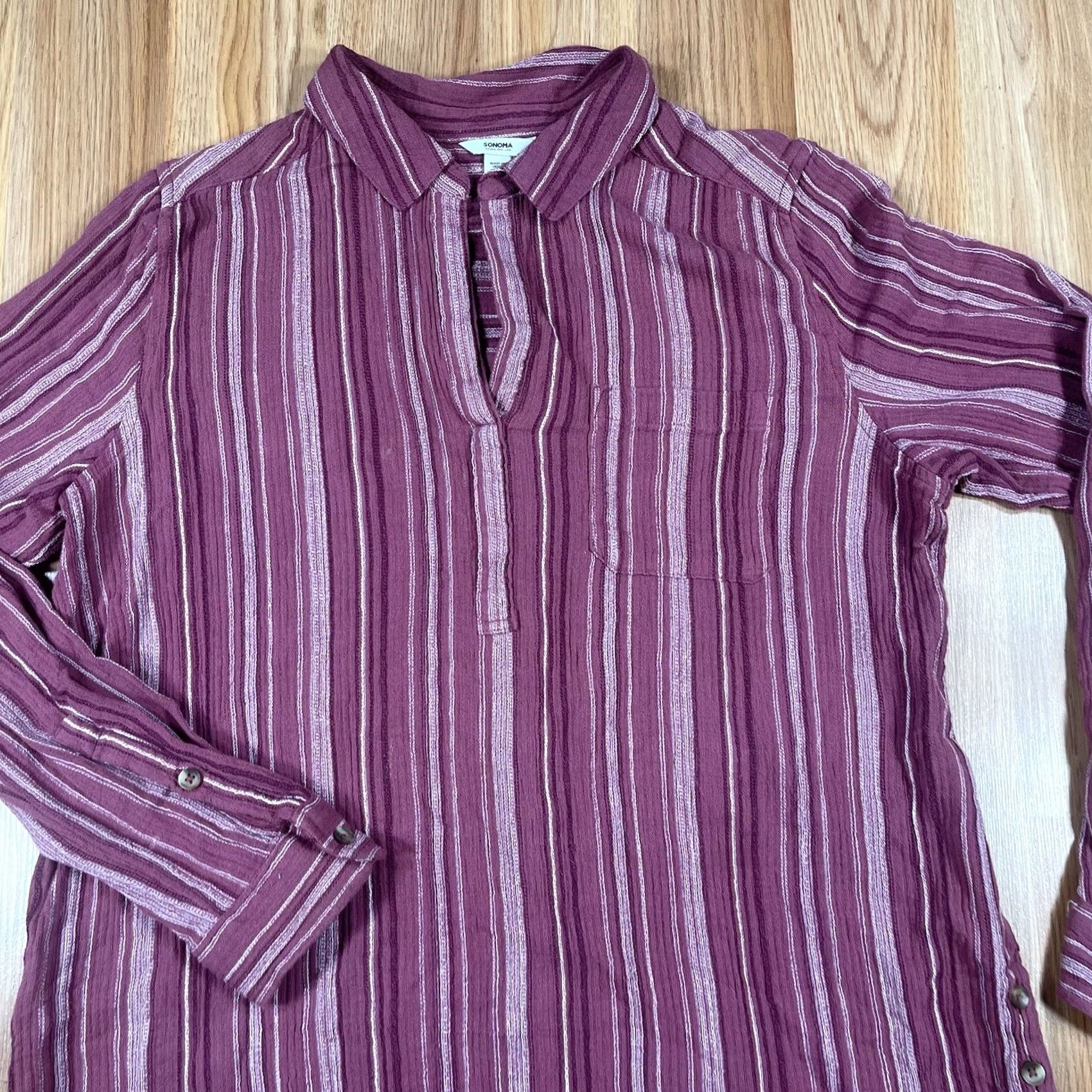 Vintage Sonoma Top Womens M Medium Striped Tunic Blouse Long Sleeve Shirt Cotton Rayon Blended Red Womens Shirt Tunic Blouse Casual V-Neck/Regular Fit - Size M / US 6-8 / IT 42-44 - 2 Thumbnail