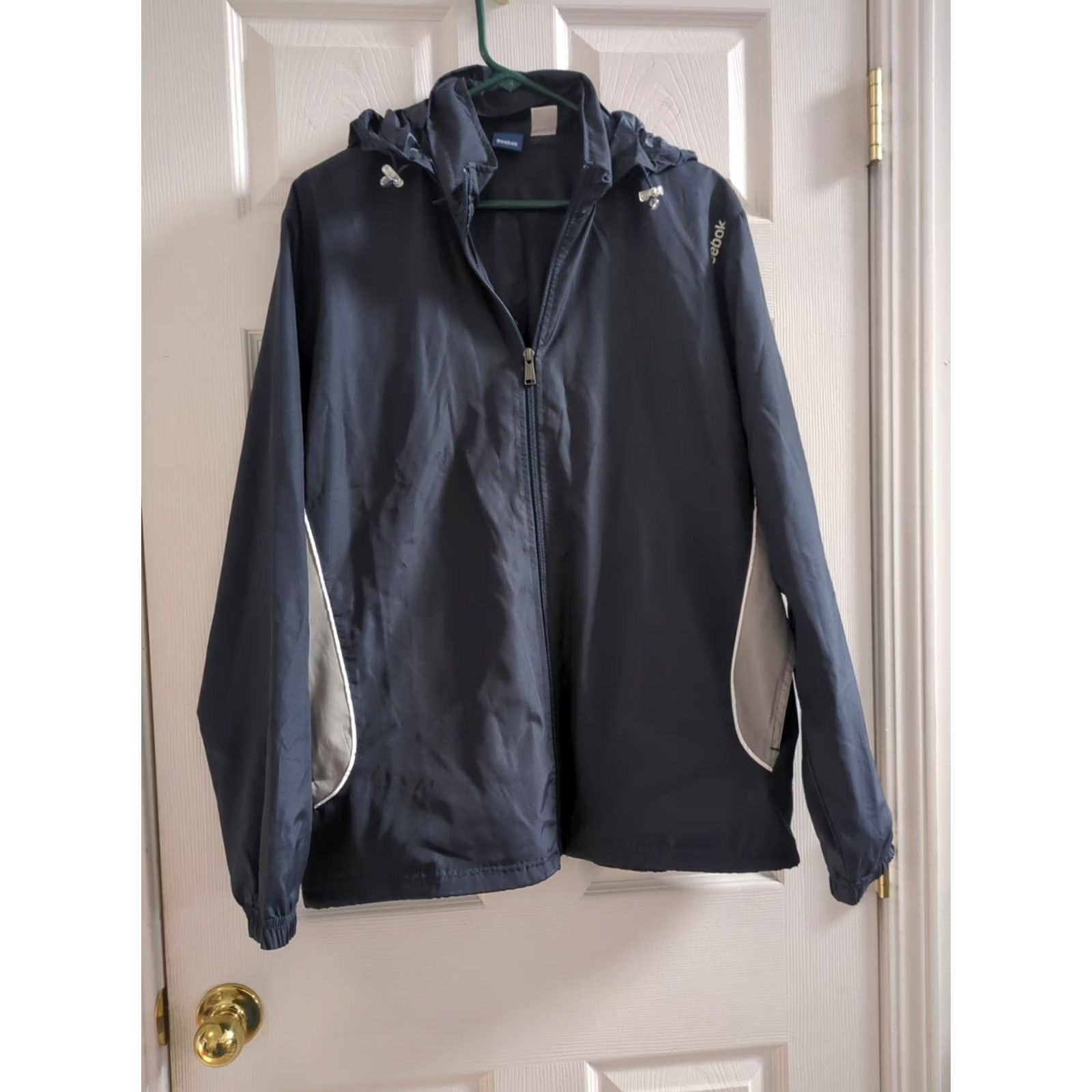 Reebok VINTAGE Reebok Dark Navy Hooded Mens LG Full Zip Windbreaker w/ Pockets 100% Polyester Size US L / EU 52-54 / 3 - 2 Thumbnail