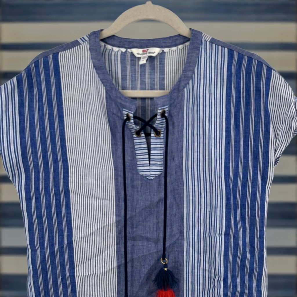 Vineyard Vines VINEYARD VINES Dress Womens 0 Blue White Striped Linen Tassel Boho Tunic Summer Shirt Dress Beach Resort Bohemian Cap Sleeve V-Neck Casual Womens Size XS / US 0-2 / IT 36-38 - 1 Thumbnail