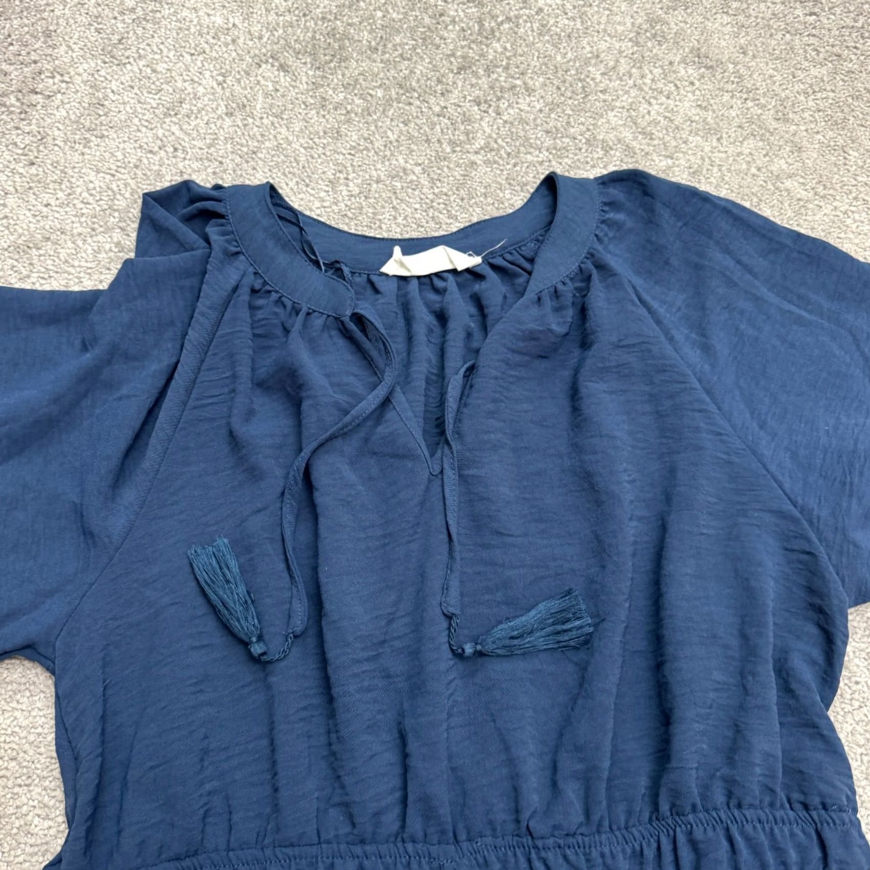 Lucky Brand Lucky Brand Boho Midi Dress Womens M Blue - V-Neck Smocked Tasseled Lightweight Rayon Polyester Casual Shirt/Shift Style Solar Bohemian 90s (N/A) Size M / US 6-8 / IT 42-44 - 3 Thumbnail