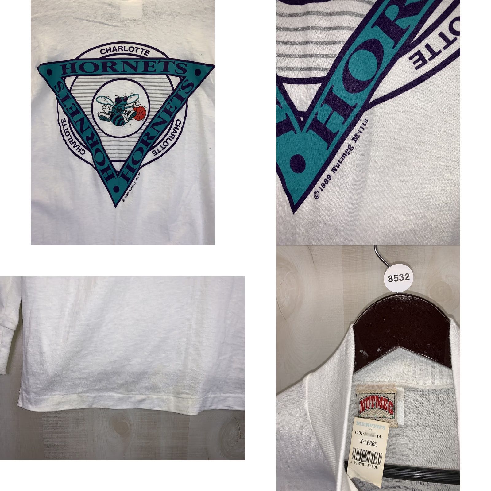 Nutmeg VINTAGE Dead Stock Nutmeg Mills Charlotte Hornets Mens Long Sleeve Shirt XL White 1980s Graphic Tee Sportswear Mens Size US XL / EU 56 / 4 - 8 Thumbnail