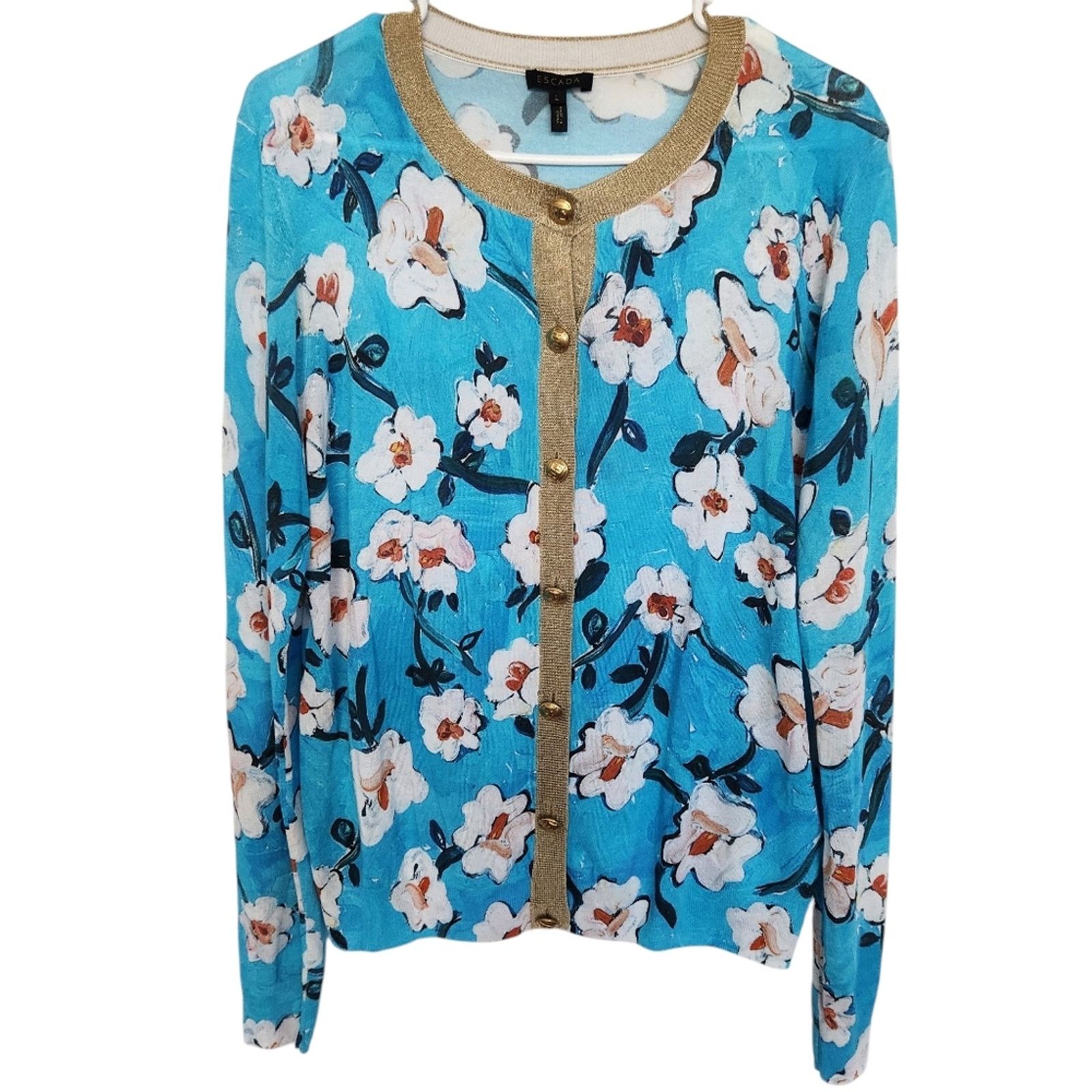 Escada ESCADA Siemara Lurex Trim Floral Cardigan In Blue Designer Size L / US 10 / IT 46 - 1 Thumbnail