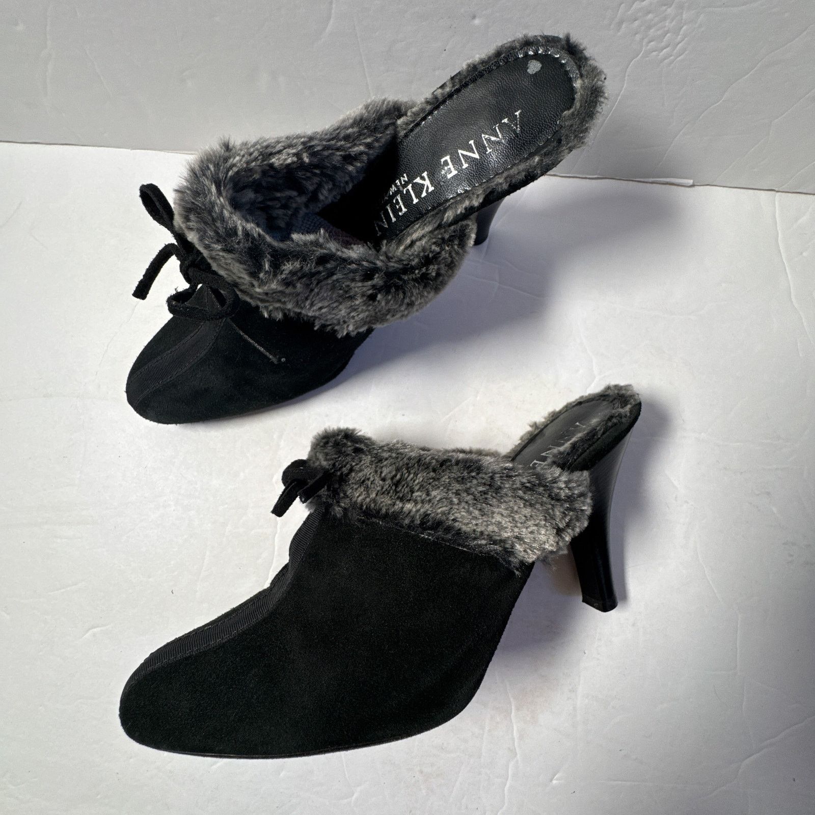 Anne Klein Vintage Anne Klein NY Black Suede Faux Fur Mule Heels Italy Size US 9.5 / IT 39.5 - 3 Thumbnail