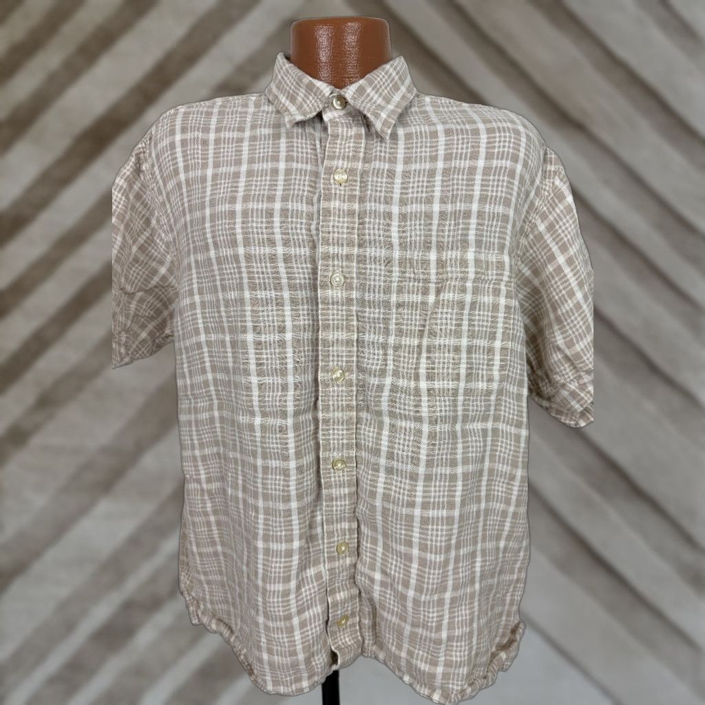 Orvis VINTAGE Orvis Linen Shirt Men XL Button-Up Travel Casual Beige White Plaid Shirt Short Sleeve Pockets Size US XL / EU 56 / 4 - 1 Thumbnail