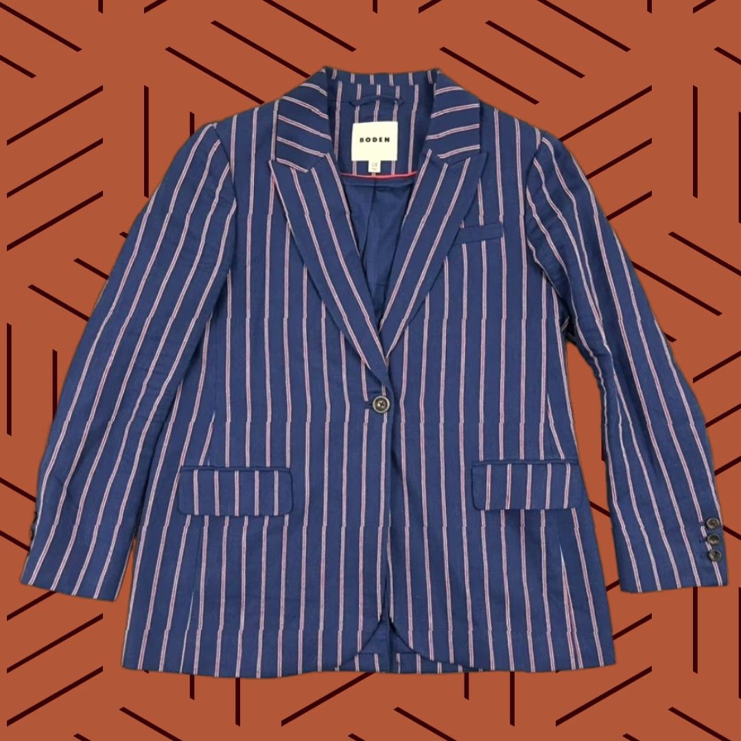 Boden Bloomsbury Interest Blazer Boden Womens UK 14 / US 10 Blue Striped Linen Cotton Size XL / US 12-14 / IT 48-50 - 1 Thumbnail