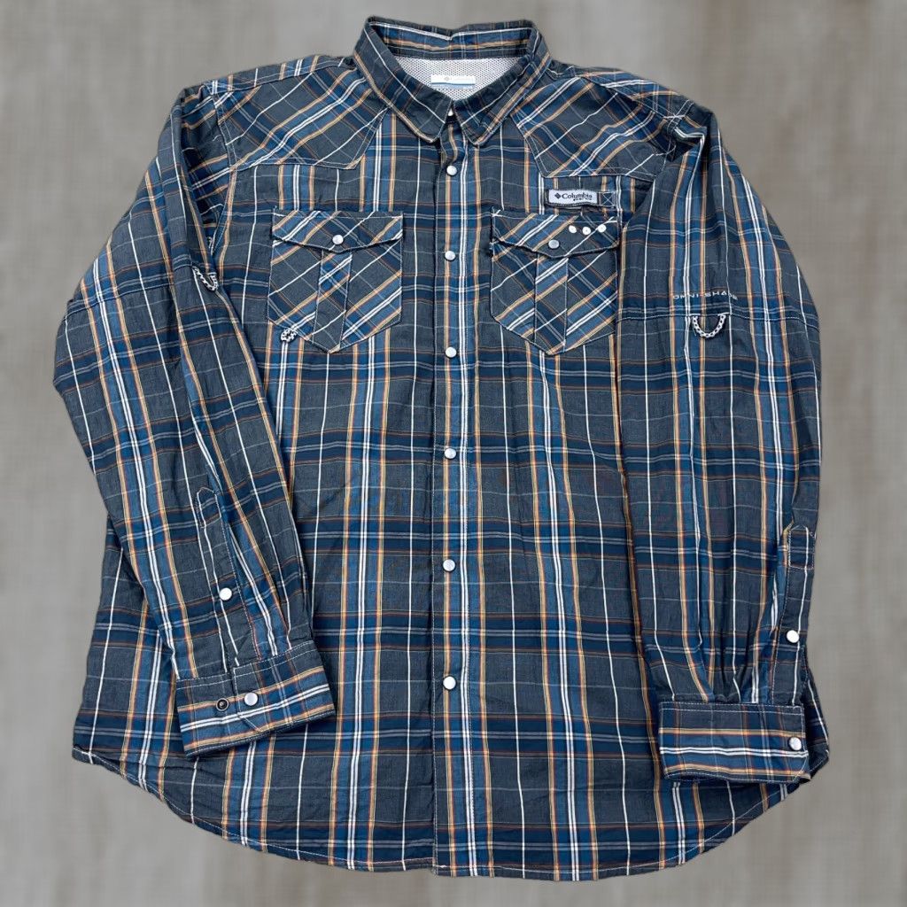 Vintage Columbia PFG Shirt Men XL Blue Plaid Pearl Snap Button-Up Long Sleeve Fishing Outdoor Camp Mens Size US XL / EU 56 / 4 - 1 Thumbnail