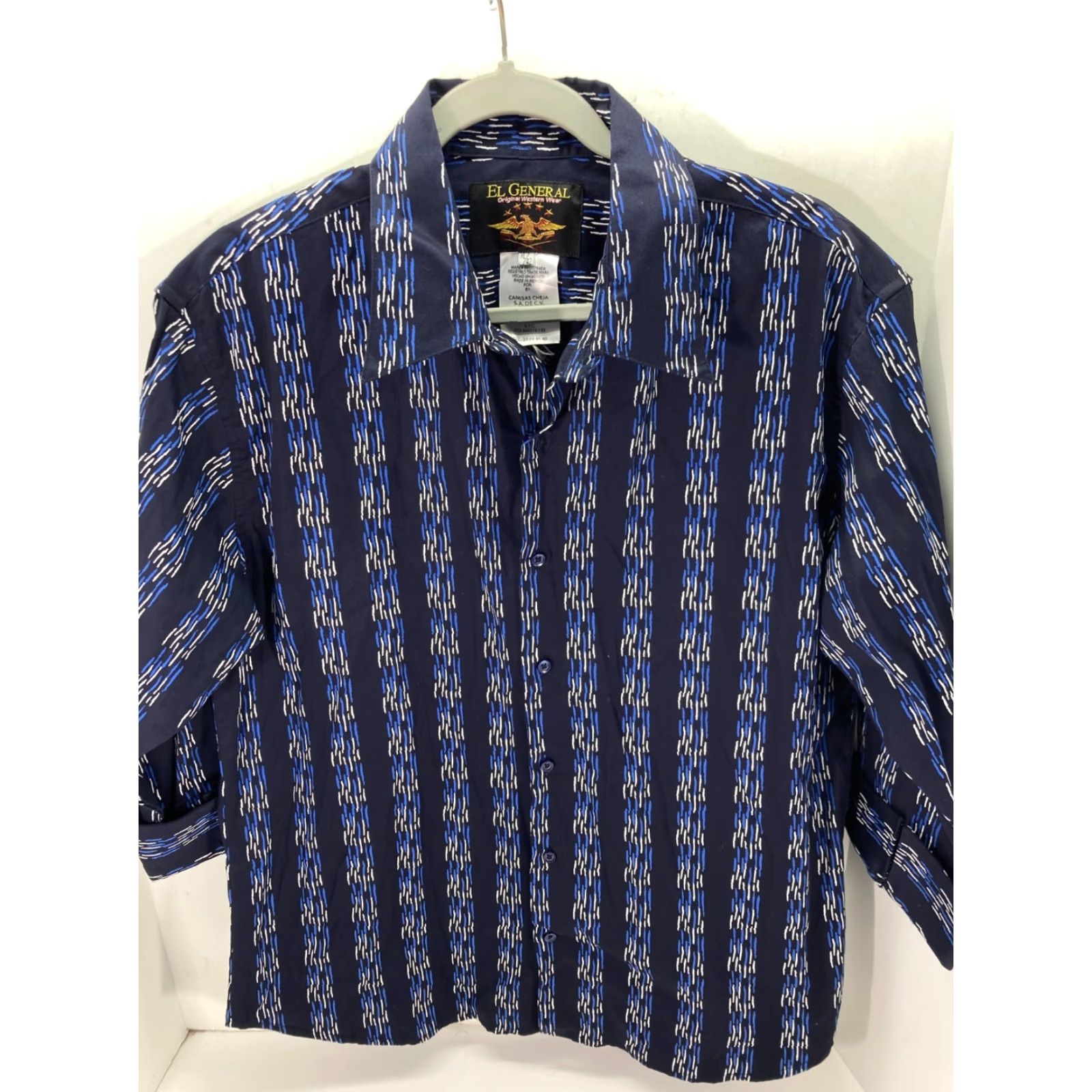 Vintage El General Western Button Up Shirt Mens XL Navy Linked Dash Stripe 3/4 Sleeve Shirt Mens XL Navy Linked Dash Stripe 3/4 Sleeve Size US XL / EU 56 / 4 - 4 Thumbnail
