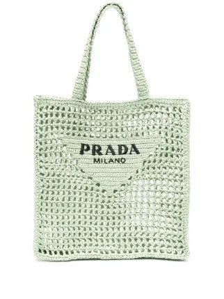 Prada triangle-logo raffia Crochet tote bag in aqua green Size ONE SIZE - 1 Thumbnail