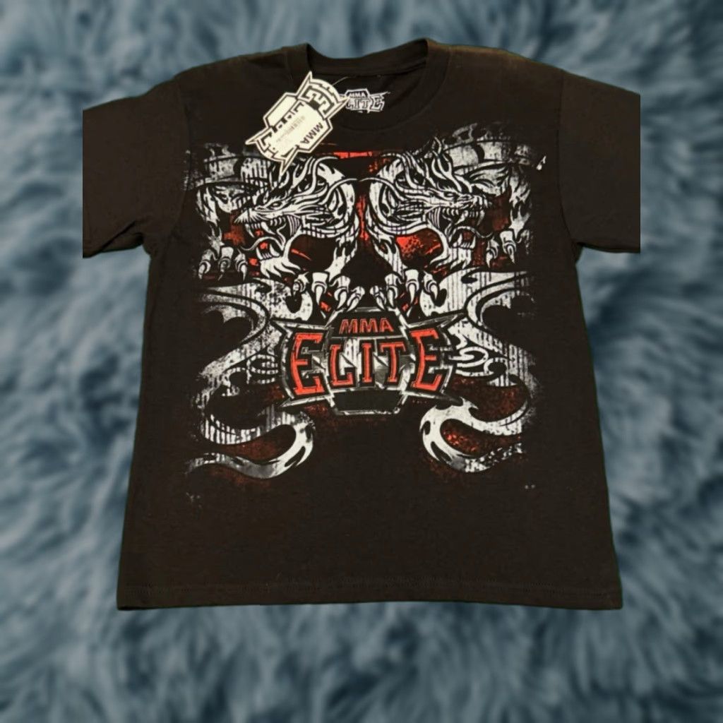 VINTAGE MMA Elite Dragon Tribal Flames VTG Shirt XS Men Short Sleeve Black Futuristic Y2K Grunge Punk UFC)