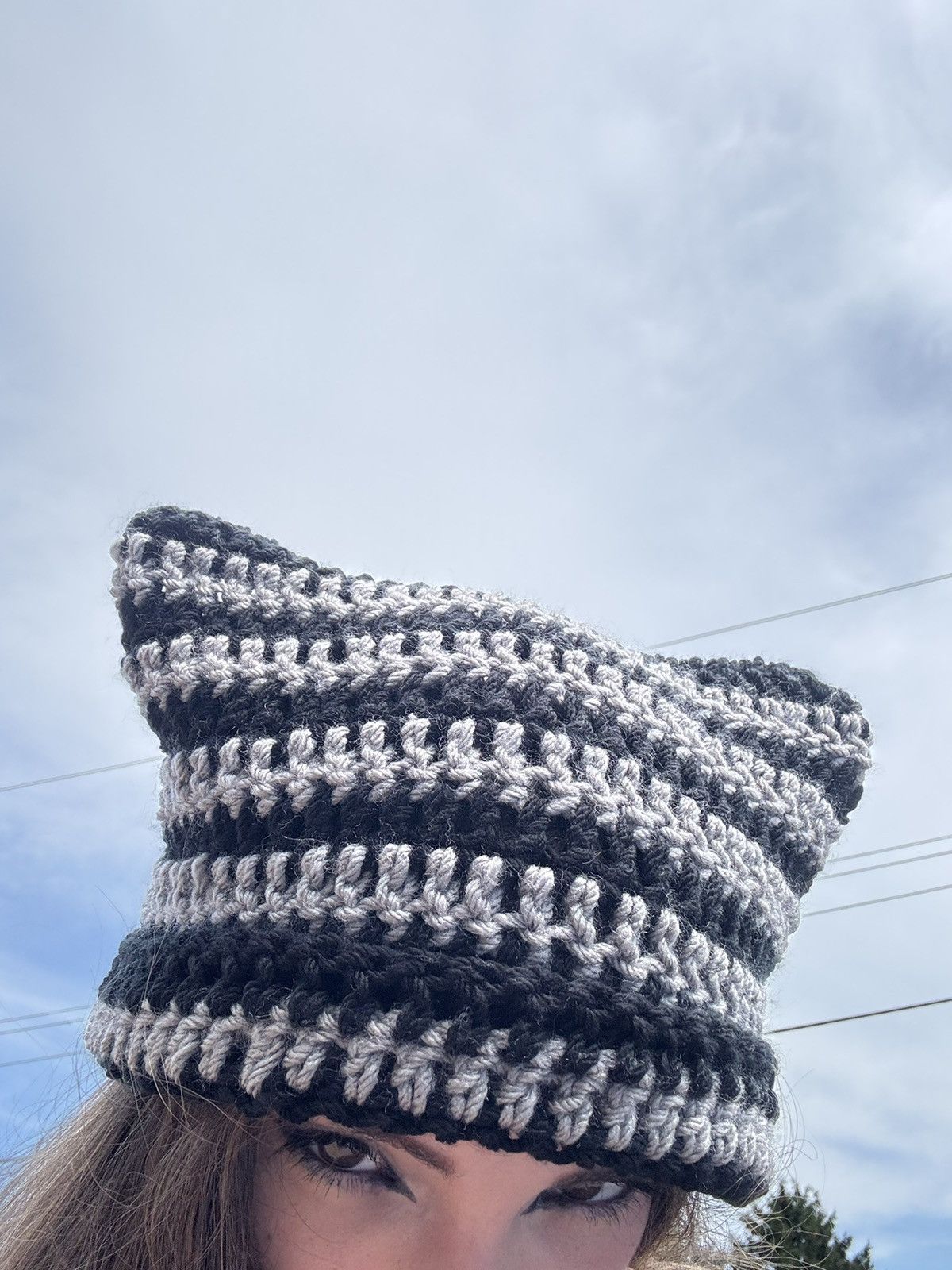 Handmade Crochet Cat Beanie - Black & Gray Size ONE SIZE - 4 Thumbnail