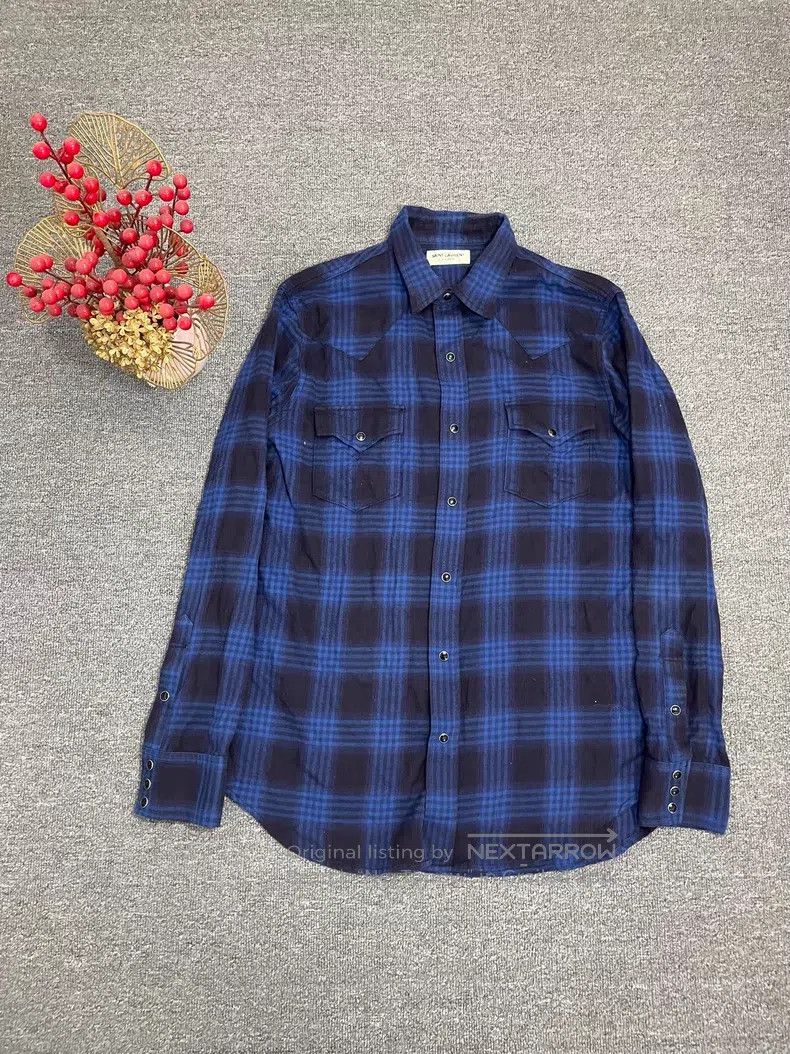 Saint Laurent Paris Saint Laurent Paris Cat Eye Button Blue and Black Plaid Sh Size US XL / EU 56 / 4 - 1 Thumbnail