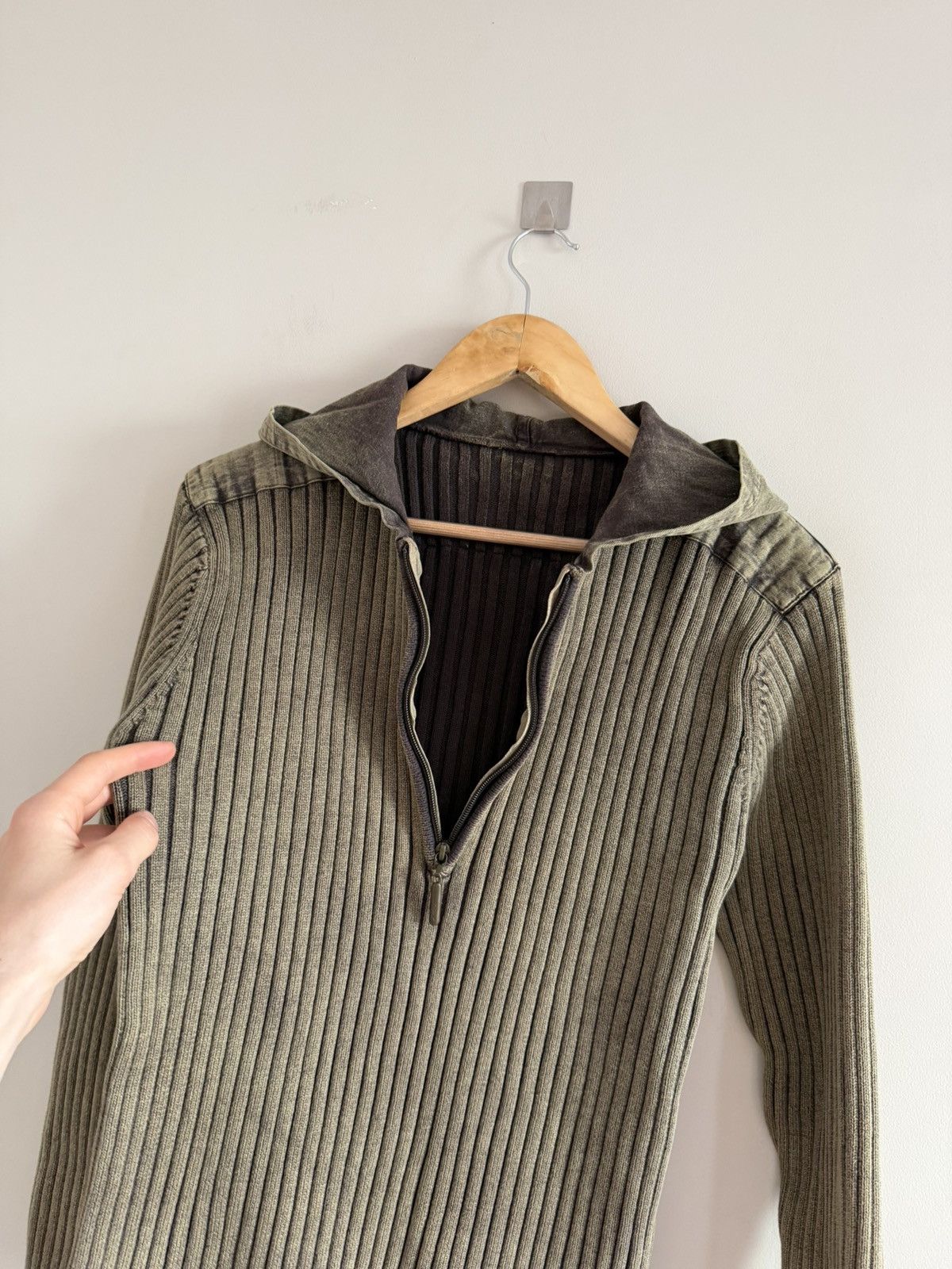 Japanese Brand Khaki Ribbed Hooded Sweater Half-Zip Size US M / EU 48-50 / 2 - 3 Thumbnail
