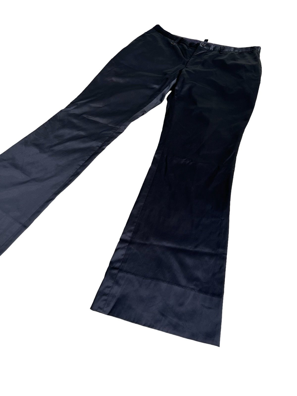 image of Issey Miyake x Tete Homme 1990S Tete Dehomme Flare Hem Shiny Minimal Trousers Pants in Shiny Black 
