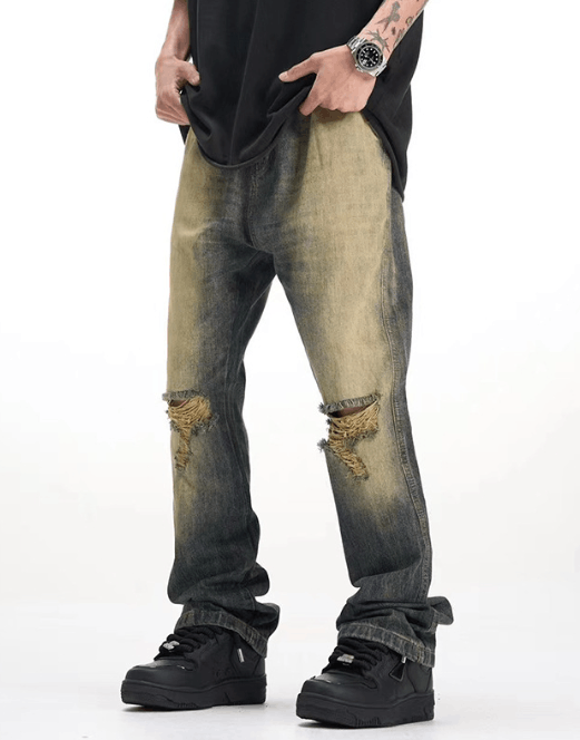 Japanese Brand Retro distressed ripped trendy straight slim jeans Size US 32 / EU 48 - 2 Thumbnail