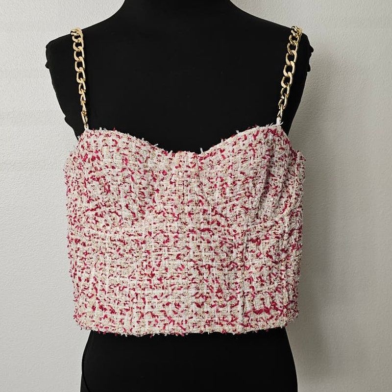 Alice + Olivia Alice +Olivia Cristi Pink Tweed Chain Bustier Crop Top 14 Size XL / US 12-14 / IT 48-50 - 3 Thumbnail