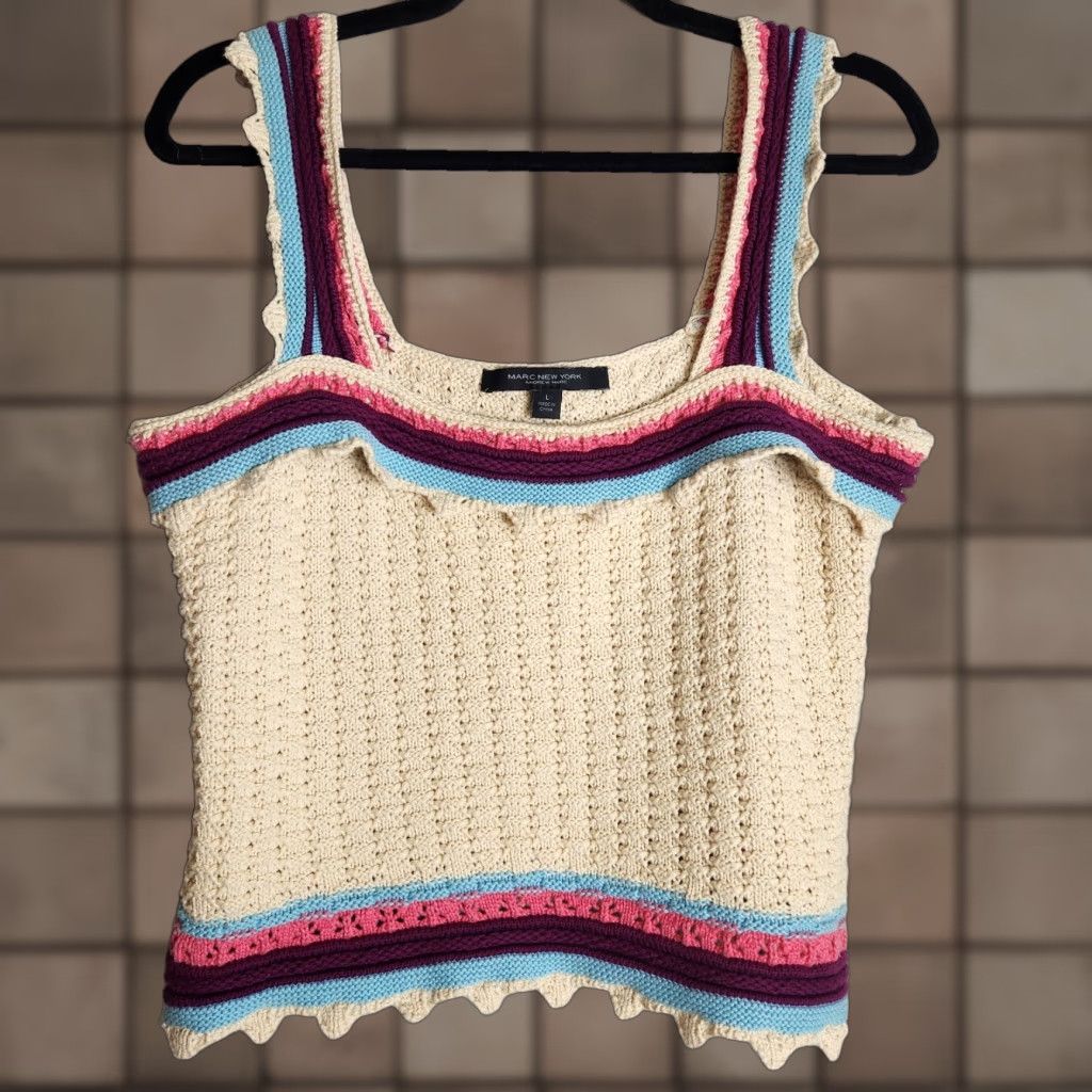 Vintage Marc New York Womens Tank Top-Size L Beige Cropped Boho Crochet Striped 70s Hippie Festival Womens Size L / US 10 / IT 46 - 1 Thumbnail