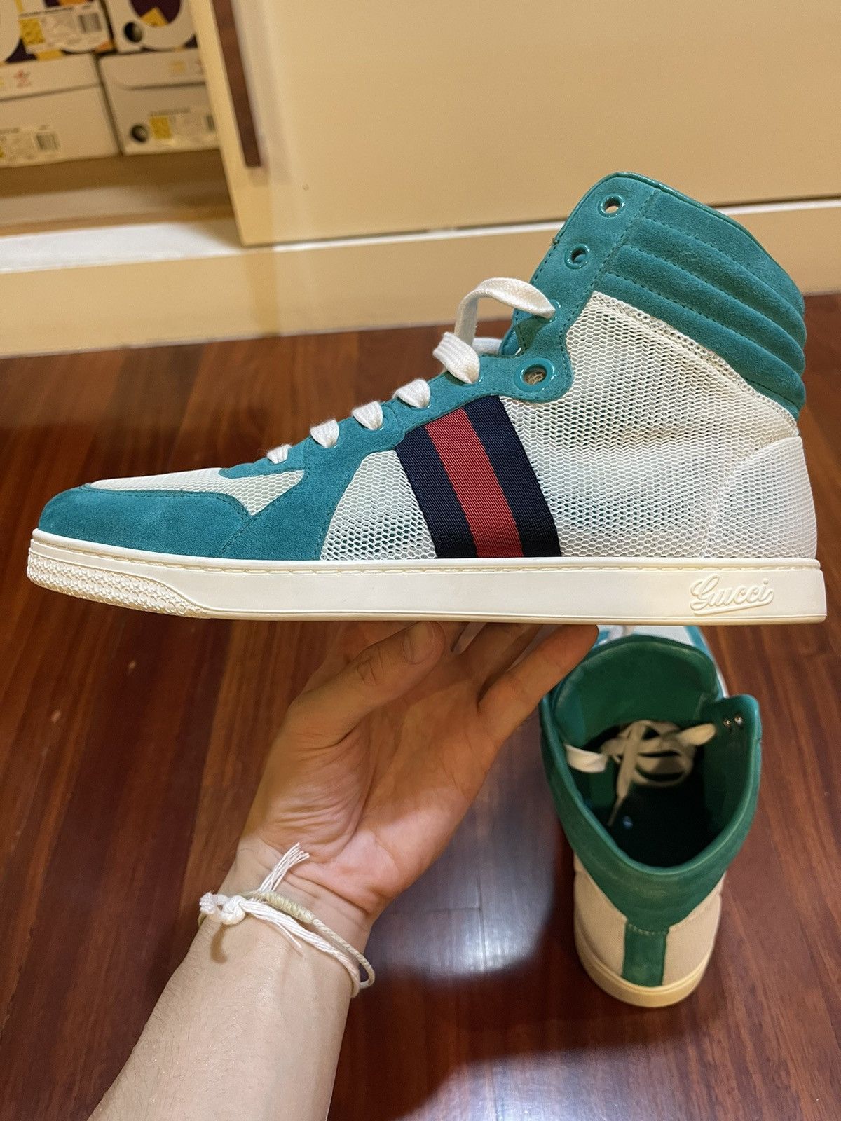 Gucci High Top Suede Mesh Green Size US 8.5 / EU 41-42 - 18 Thumbnail