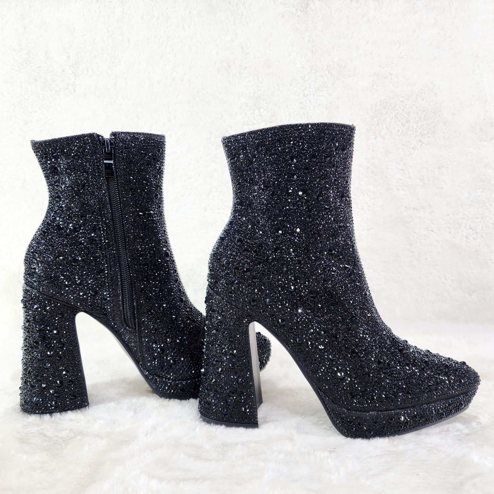 Other Black Rhinestone 4.5" Block Heel Mini Platform Ankle Boots Size US 9 / IT 39 - 2 Thumbnail