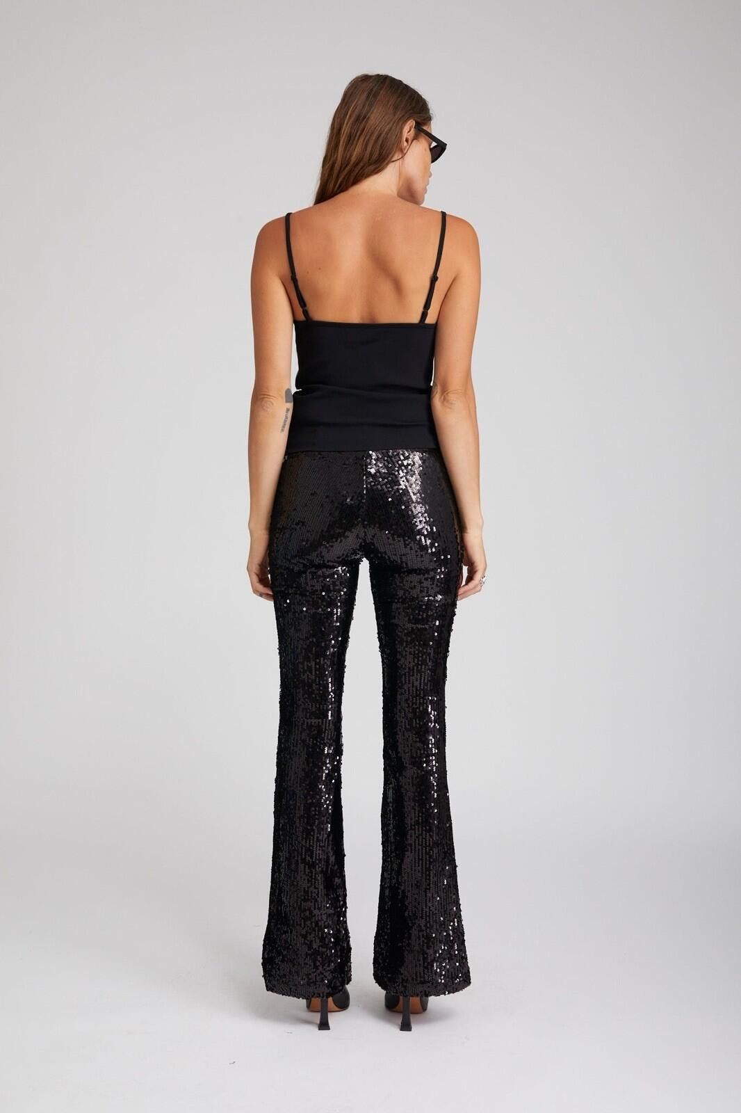 The Unbranded Brand Black Sequin Flare Pants Stretch High Rise Glam Womens Sz L Size 36" / US 14 / IT 50 - 5 Thumbnail