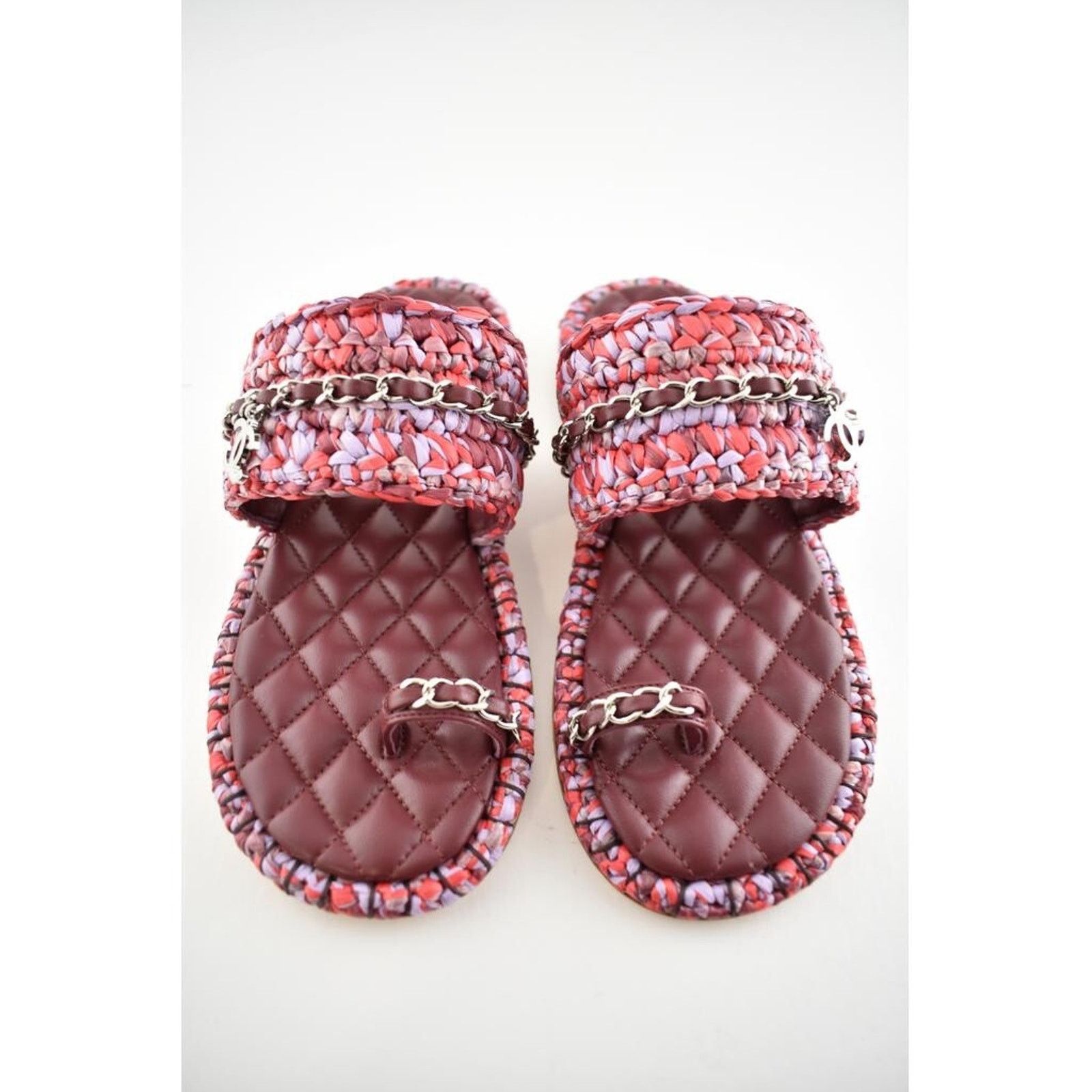 Chanel Chanel 20S Red Purple Raffia Tweed CC Chain Logo Mule Size US 7 / IT 37 - 5 Thumbnail
