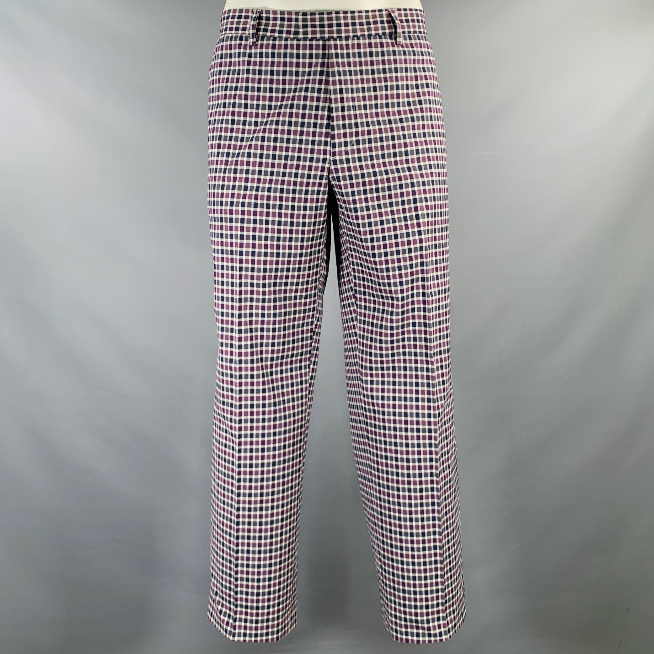 image of Etro Purple Navy White Checkered Cotton Blend Zip Fly Dress Pants, Men's (Size 36)