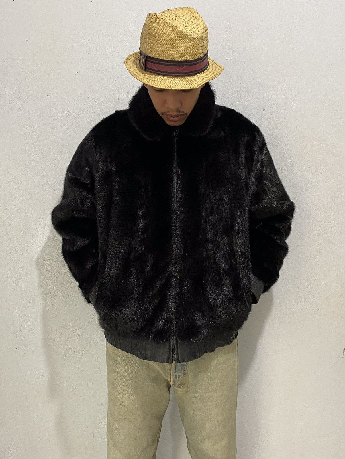 image of 14Th Addiction x Vintage Crazy Fur Leather Jacket Reversible in Black, Men's (Size XL)