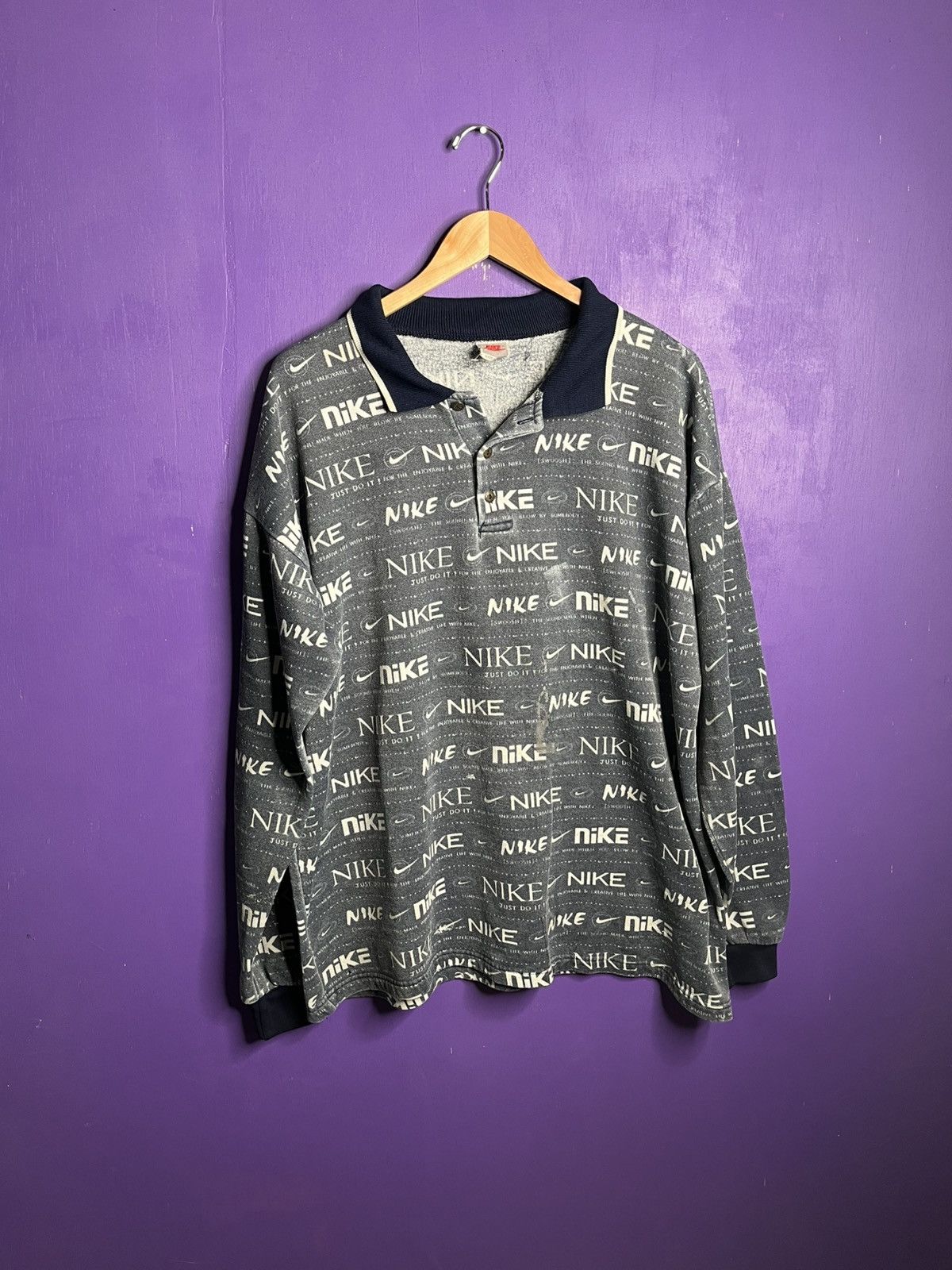 Nike × Vintage Vintage 90s Nike AOP logo longsleeve polo shirt Size US XL / EU 56 / 4 - 1 Thumbnail