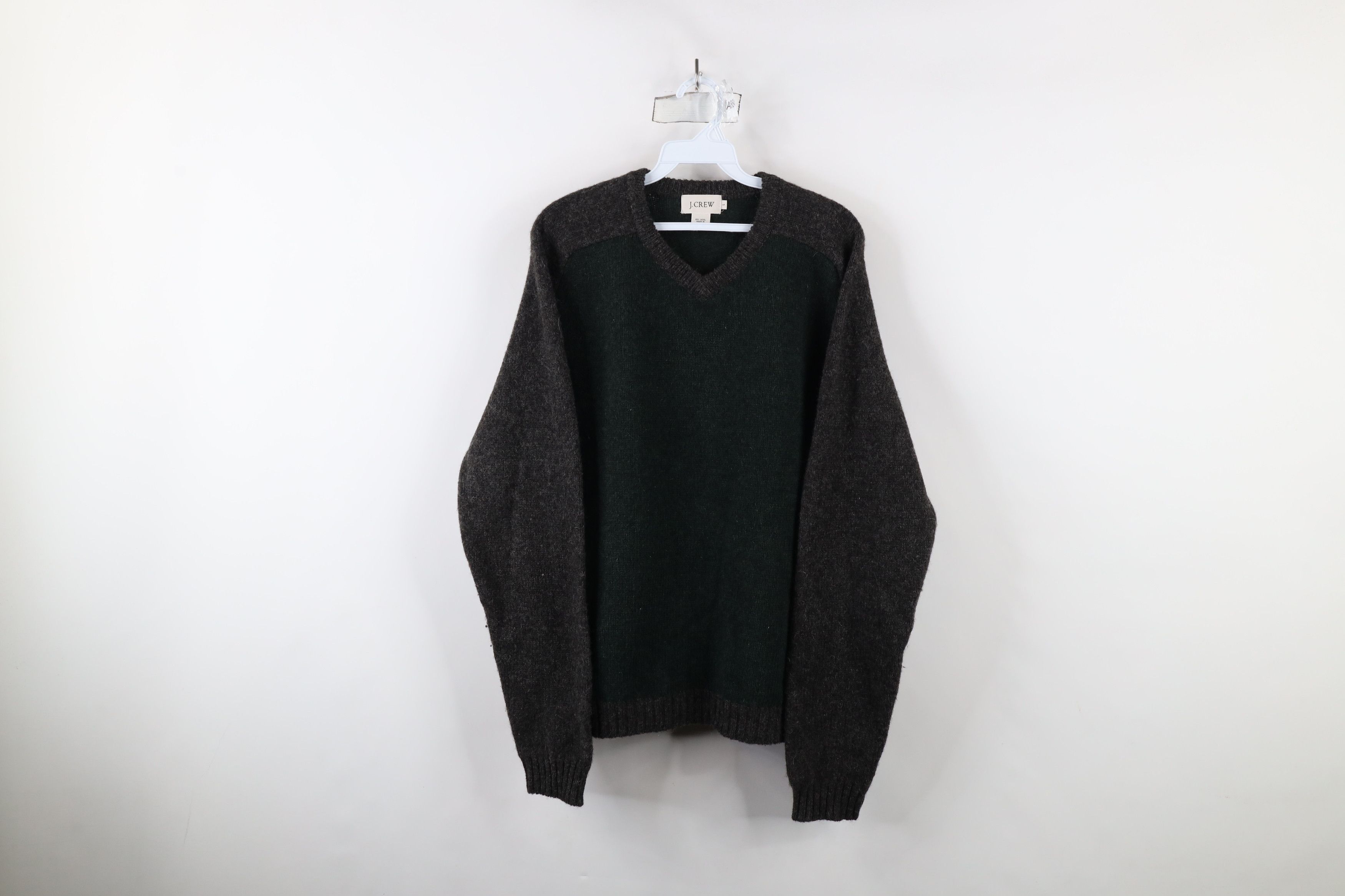 Vintage 90s J Crew Block Wool Knit V-Neck Sweater Green Gray