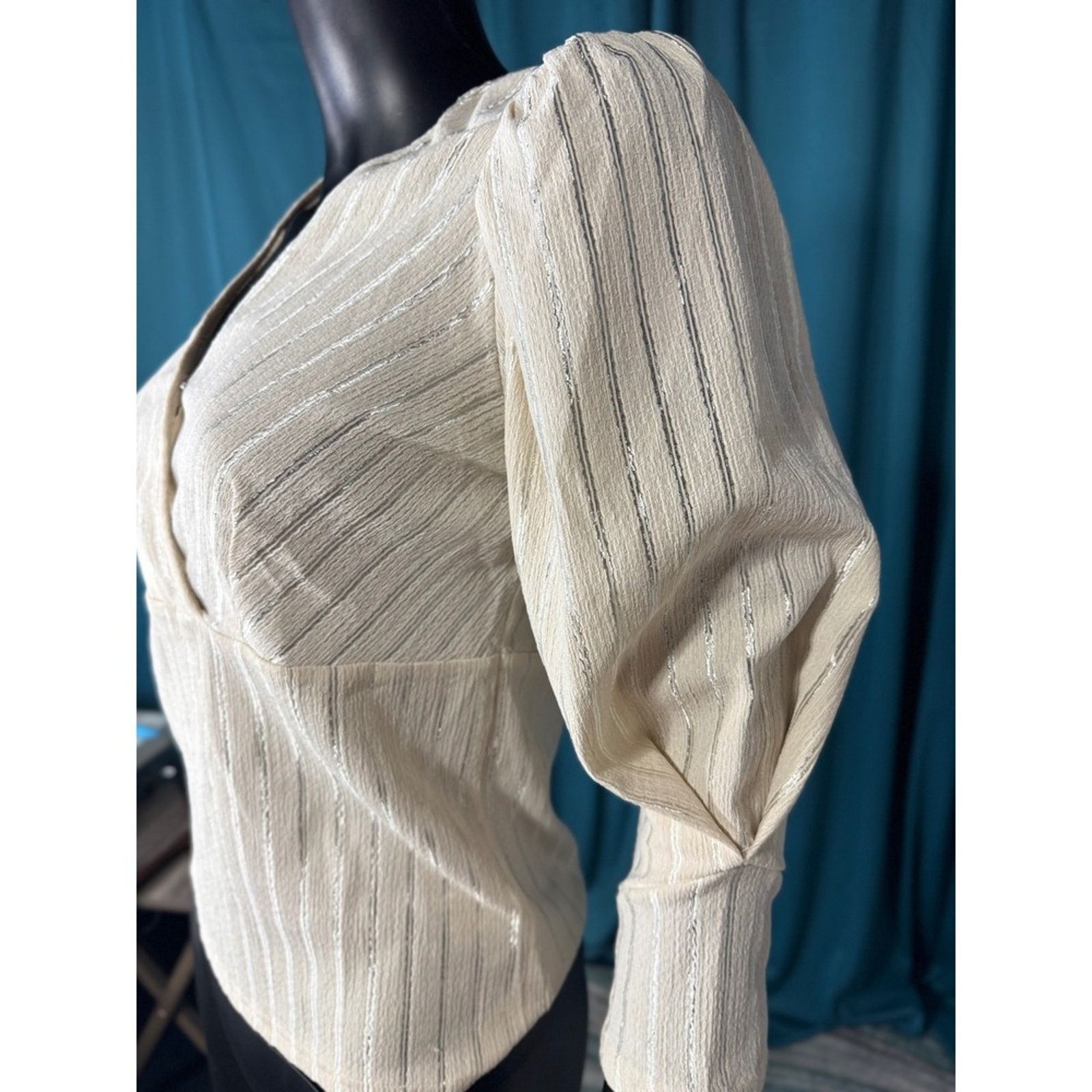Other MINE Women's Size L Blouse Top‎ V-Neck Puff Sleeve Champag Size L / US 10 / IT 46 - 2 Thumbnail