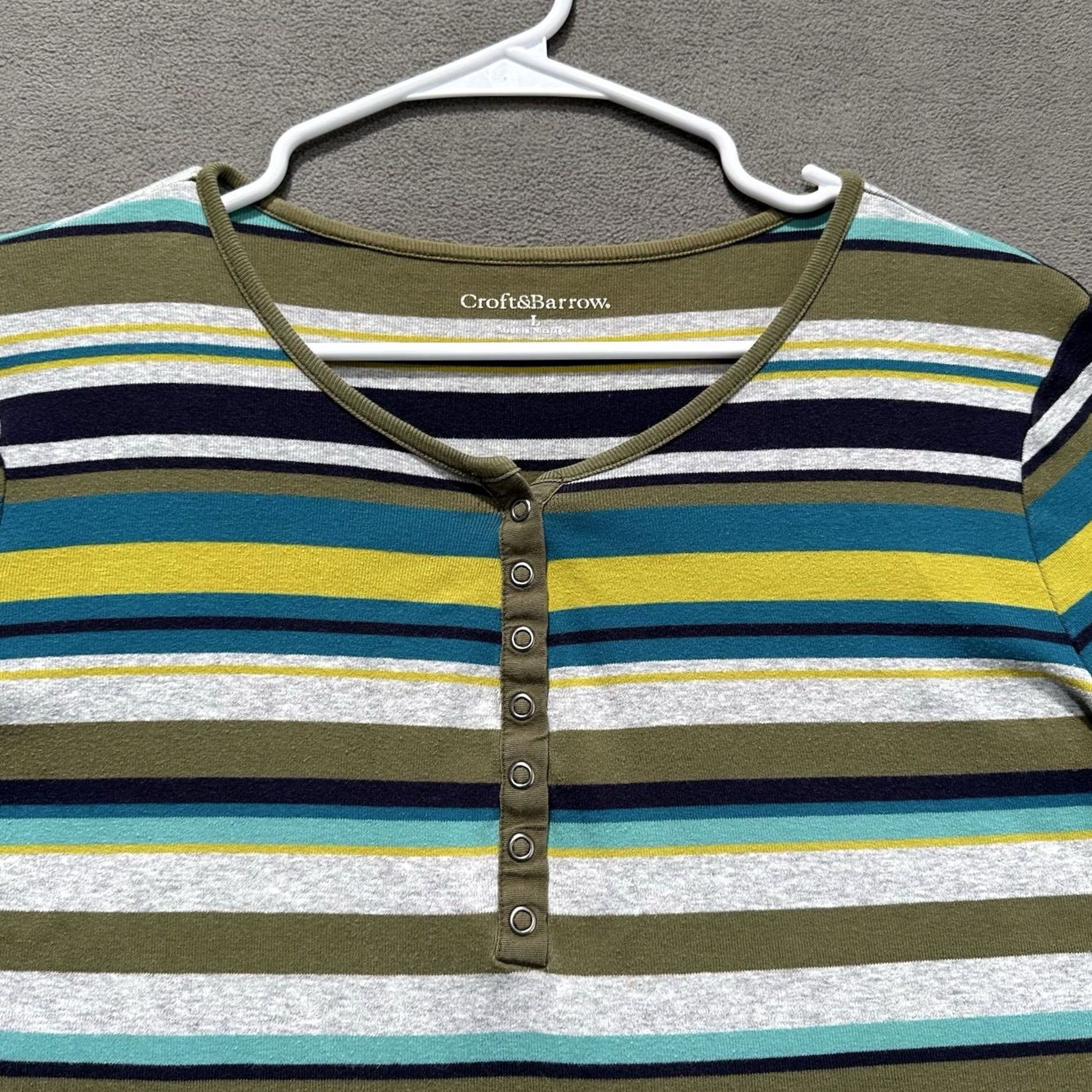 Croft & Barrow Croft & Barrow Blouse Top Womens L Striped Green Gray Blue Henley 3/4 Sleeve GUC Size L / US 10 / IT 46 - 3 Thumbnail