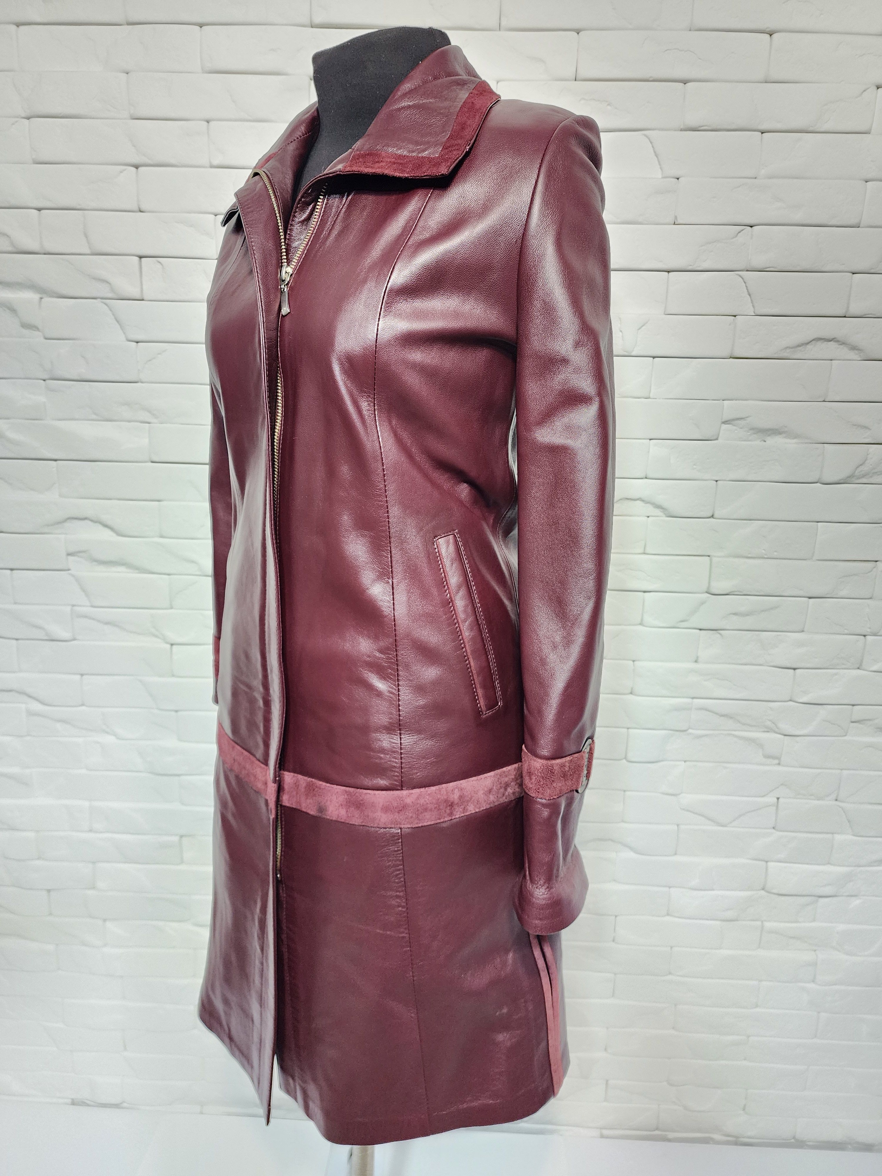 Genuine Leather Burgundy Leather Trench Coat: Women's Long Raincoat Size M / US 6-8 / IT 42-44 - 3 Thumbnail