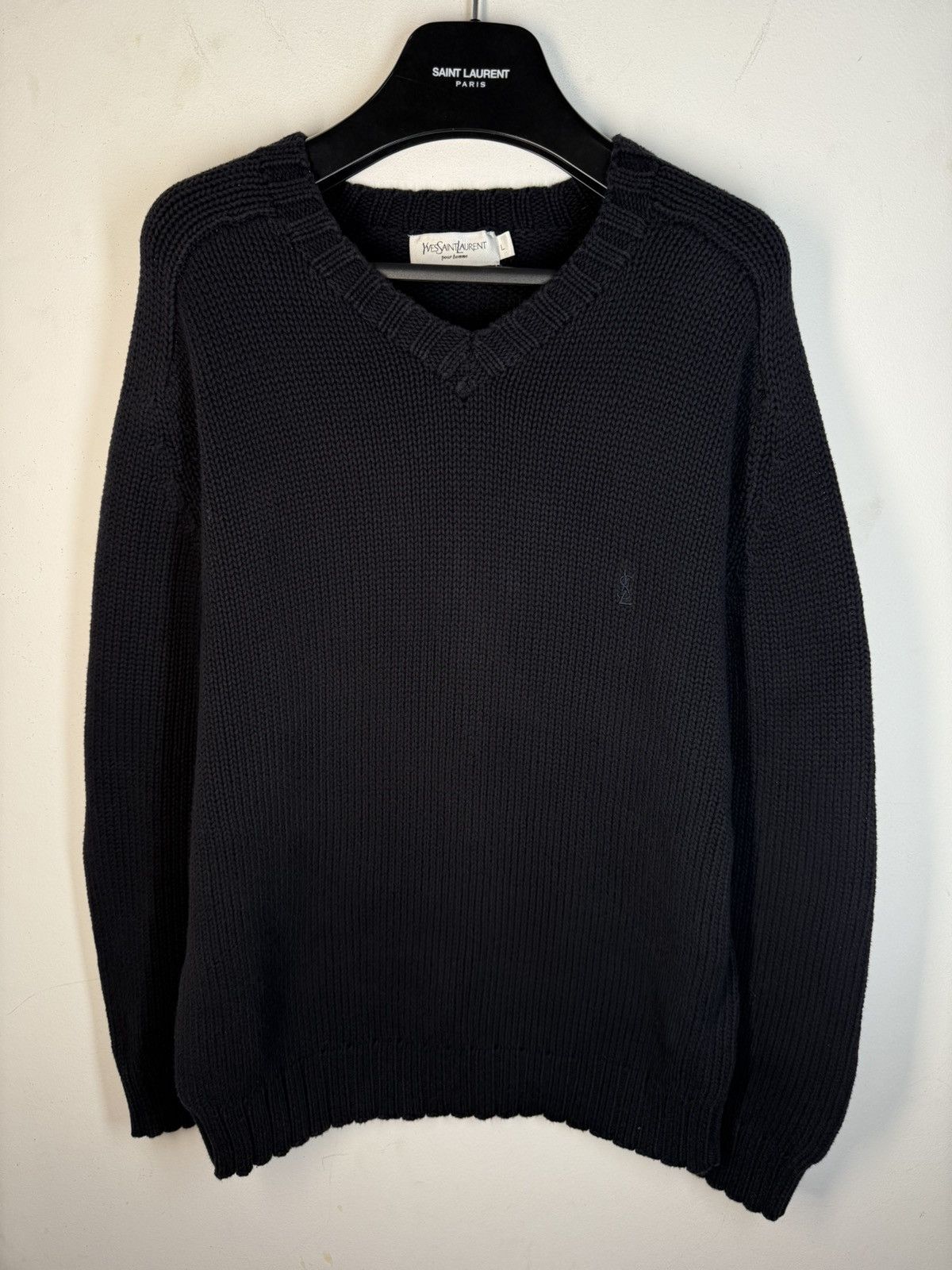 Yves Saint Laurent Heavy YSL Sweater Knit Thick V-neck Navy/Grey YSL Sweatshirt Size US L / EU 52-54 / 3 - 1 Thumbnail