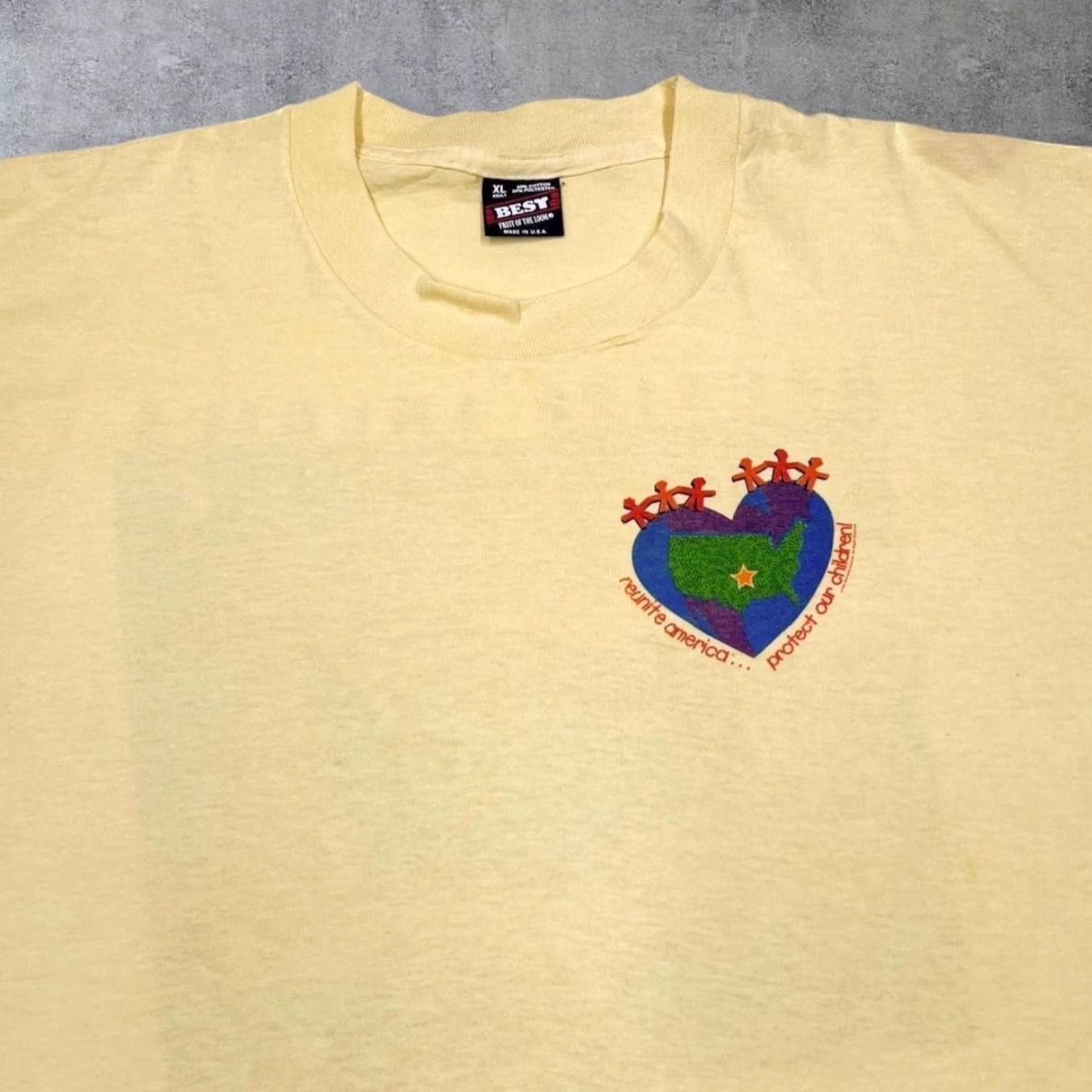Fruit Of The Loom VINTAGE Fruit of the Loom T-Shirt 90s Reunite America Protect Our Children Graphic Single Stitch XL Yellow Mens Size US XL / EU 56 / 4 - 4 Thumbnail