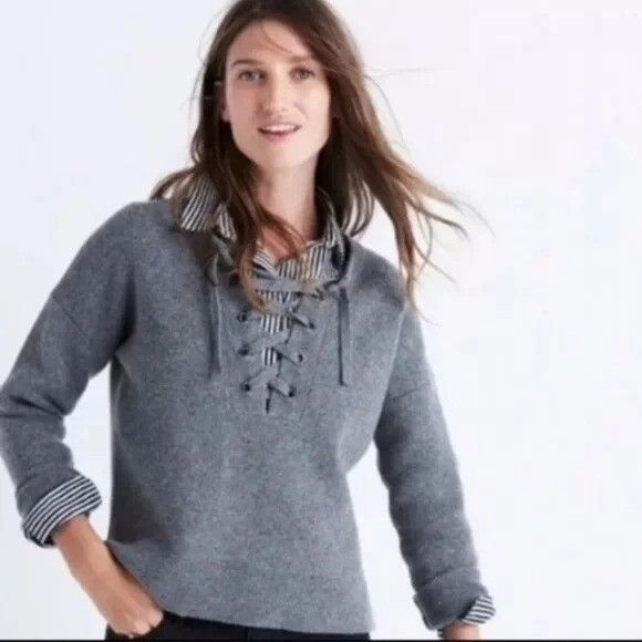 Madewell Madewell S Cropped Boxy Sweater Gray Merino Wool Corset Lace Size S / US 4 / IT 40 - 7 Thumbnail