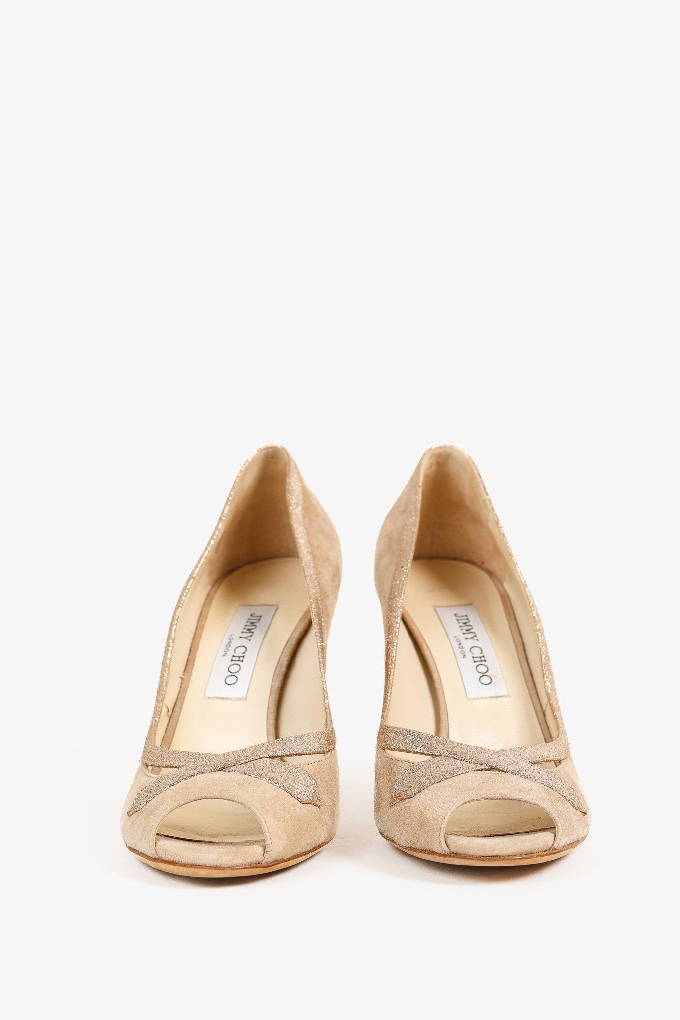Jimmy Choo Jimmy Choo Beige Suede Glitter-Trimmer Peep Toe Pumps Size US 9.5 / IT 39.5 - 2 Thumbnail