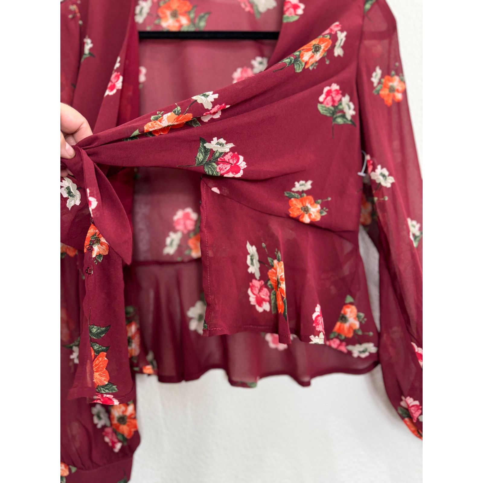 Other Women's Sheer Long Sleeve Blouse Top Maroon Medium Size M / US 6-8 / IT 42-44 - 3 Thumbnail