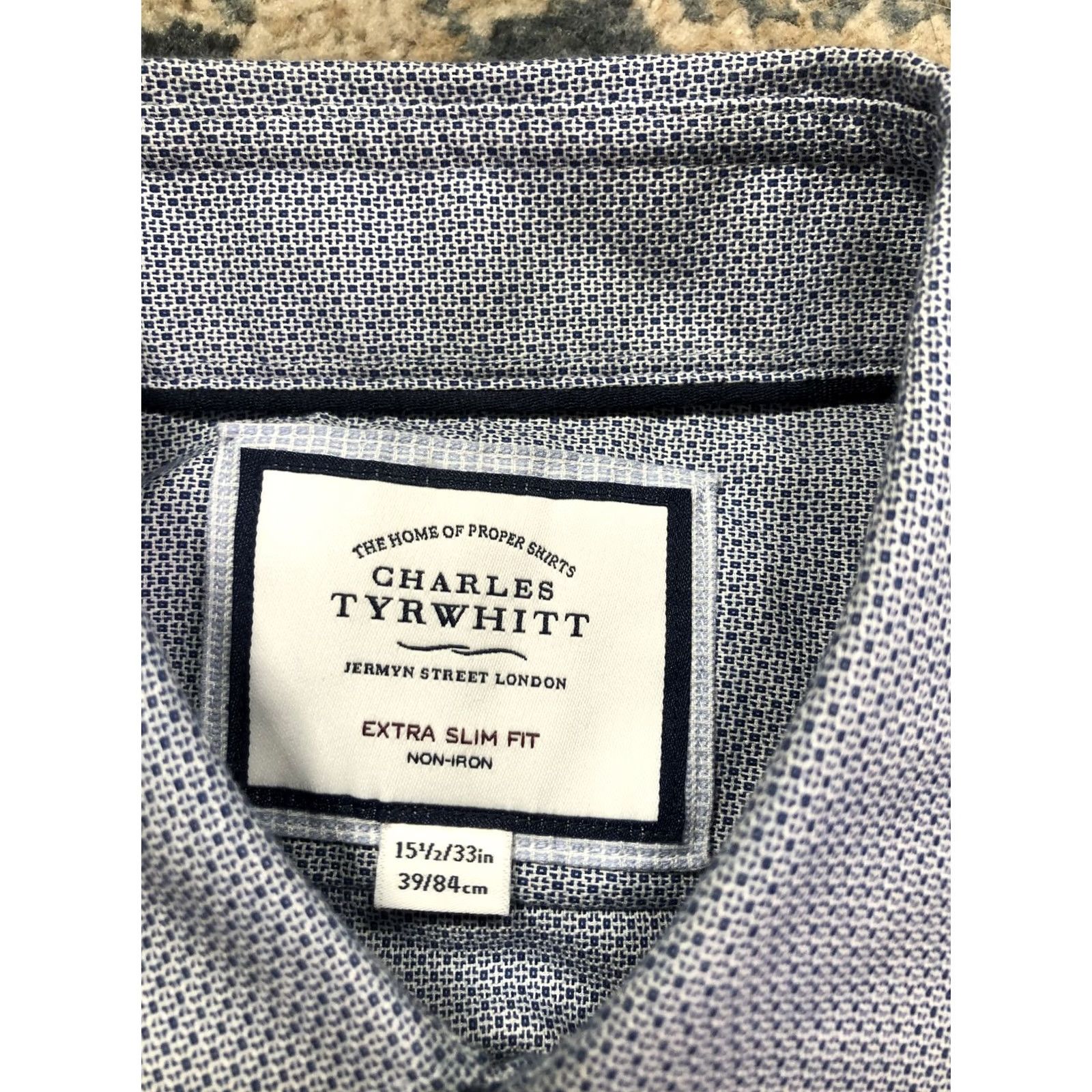 Charles Tyrwhitt Charles Tyrwhitt Dress Shirt Mens 15.5 32/33 Blue Geometric Extra Slim Non-Iron Shirt Men Size 42R - 7 Thumbnail