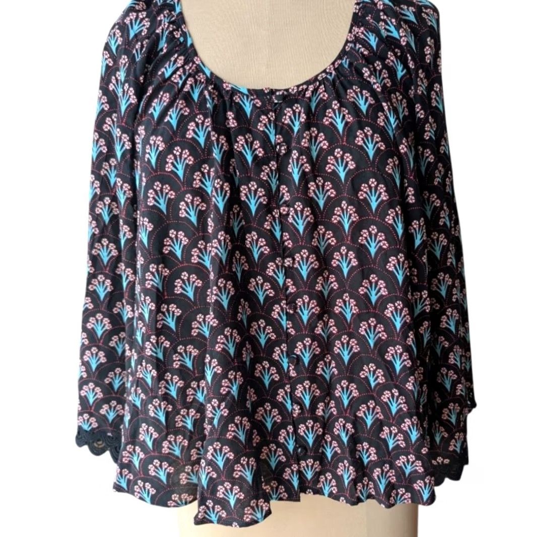 Pinko Floral Fan Print Blouse Top Black Pink Crochet Lace Trim Boho Sz XL Size XL / US 12-14 / IT 48-50 - 5 Thumbnail