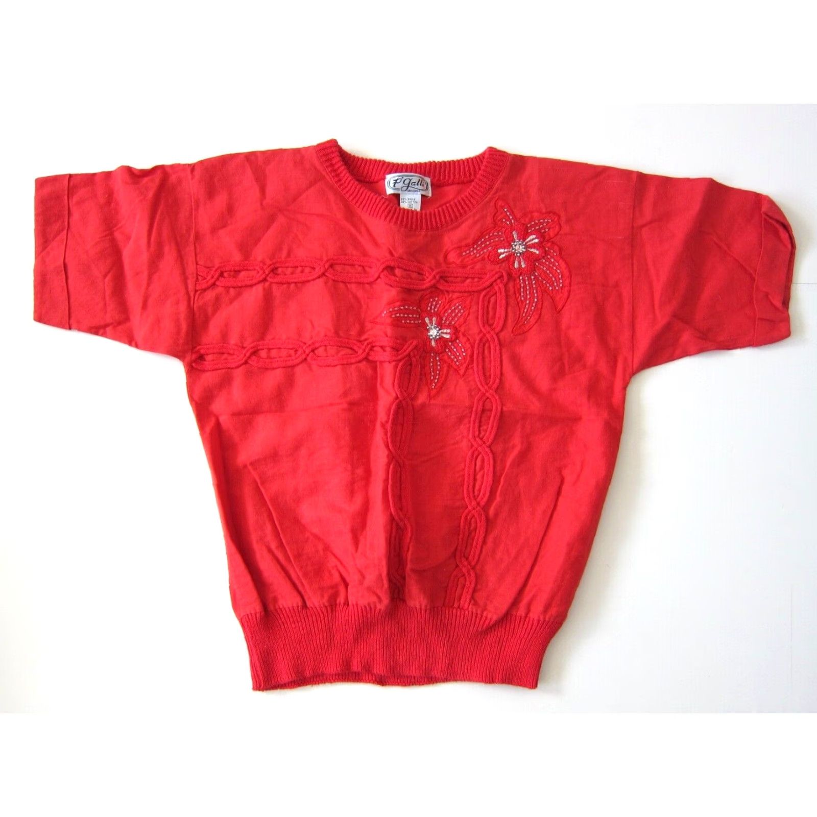 4SDESIGNS Vintage P' Galli Designs Blouse Short Sleeve Women S-M Red Cotton Beaded Embroidered Tunic Size S / US 4 / IT 40 - 7 Thumbnail
