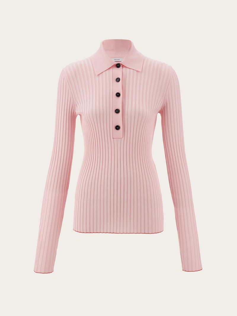 Salvatore Ferragamo o1s1rm0526 Long sleeved Ribbed Knit Polo Sweater in Pink Size M / US 6-8 / IT 42-44 - 1 Thumbnail